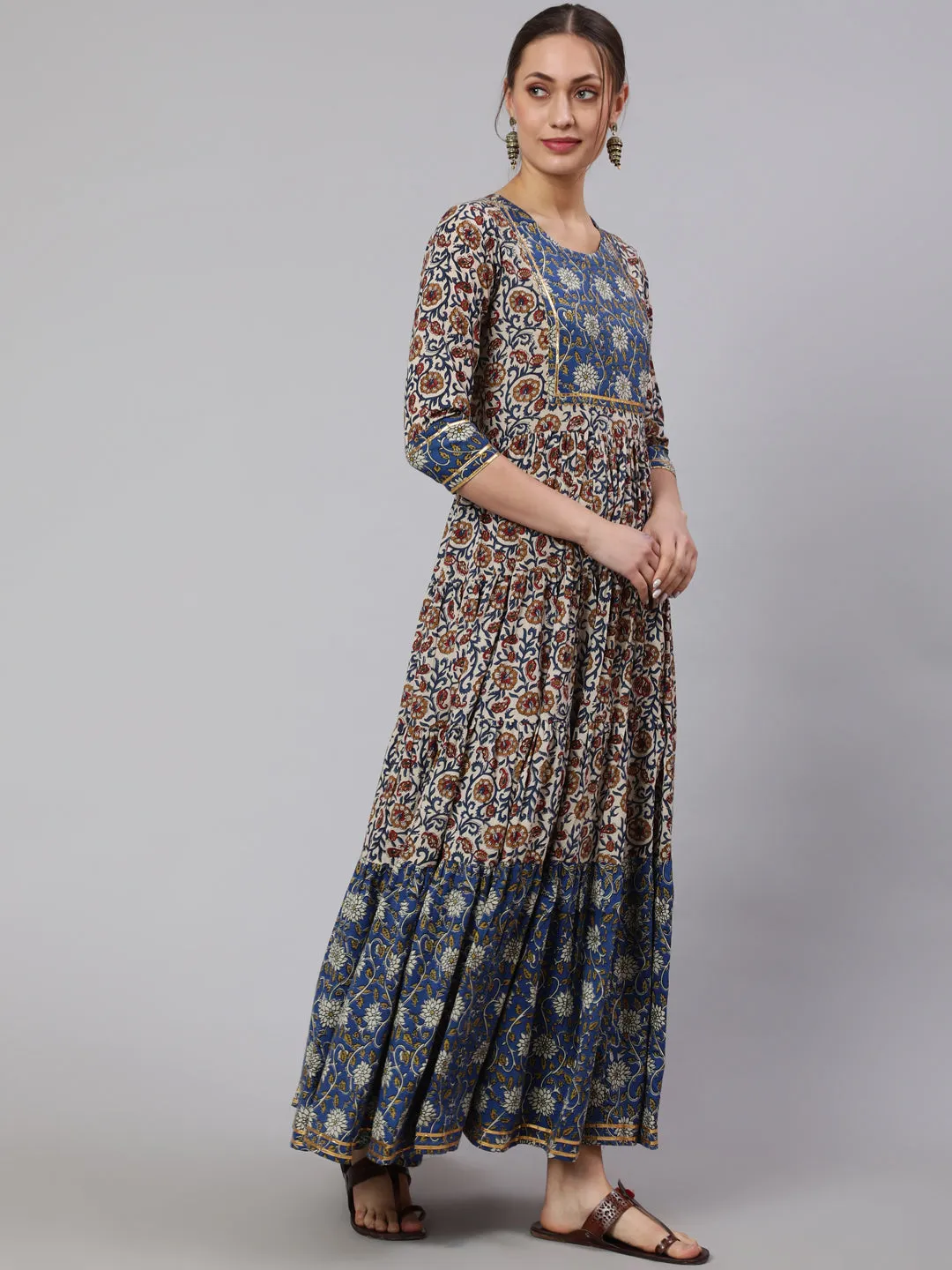 DRESS - BLUE, COTTON PRINTED FLARED ROUND NECK