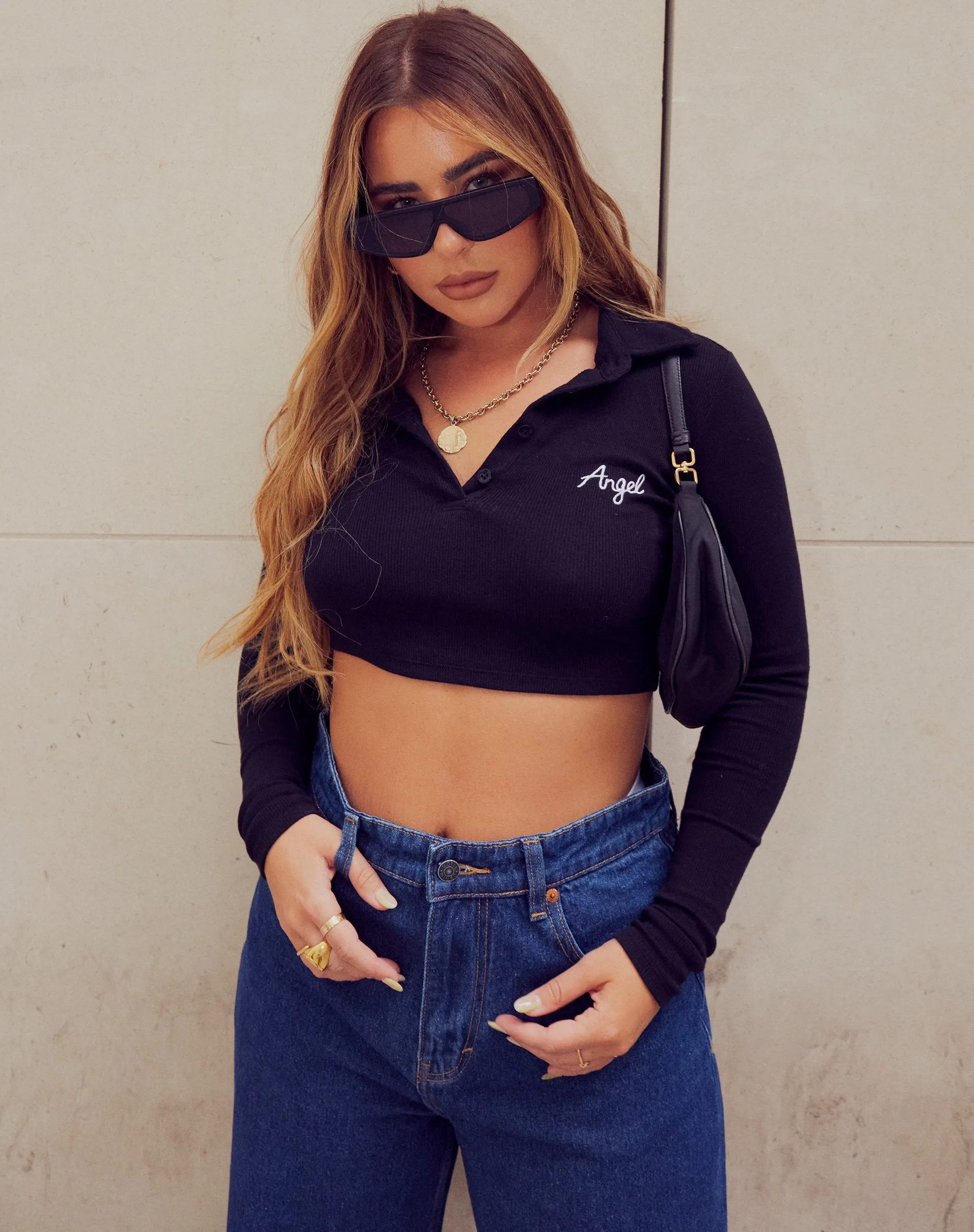 Elody Crop Top in Rib Black 'Angel' Embro