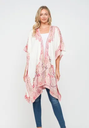 Embroidered Kimono Jacket ~ White & Coral