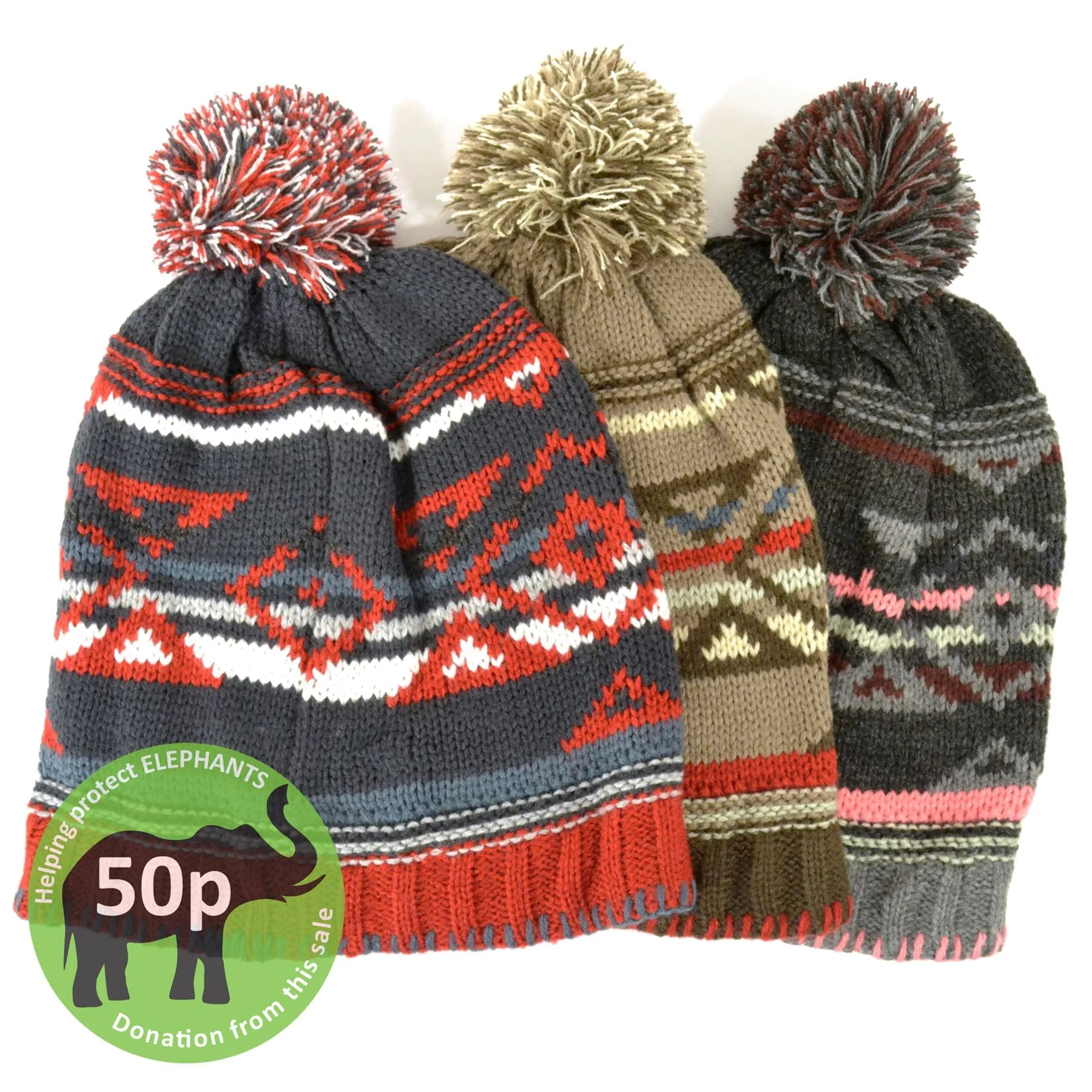 Fine knit aztec pattern beanie bobble hat - Blue