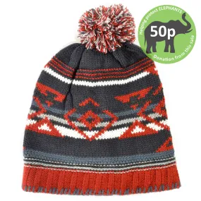 Fine knit aztec pattern beanie bobble hat - Blue