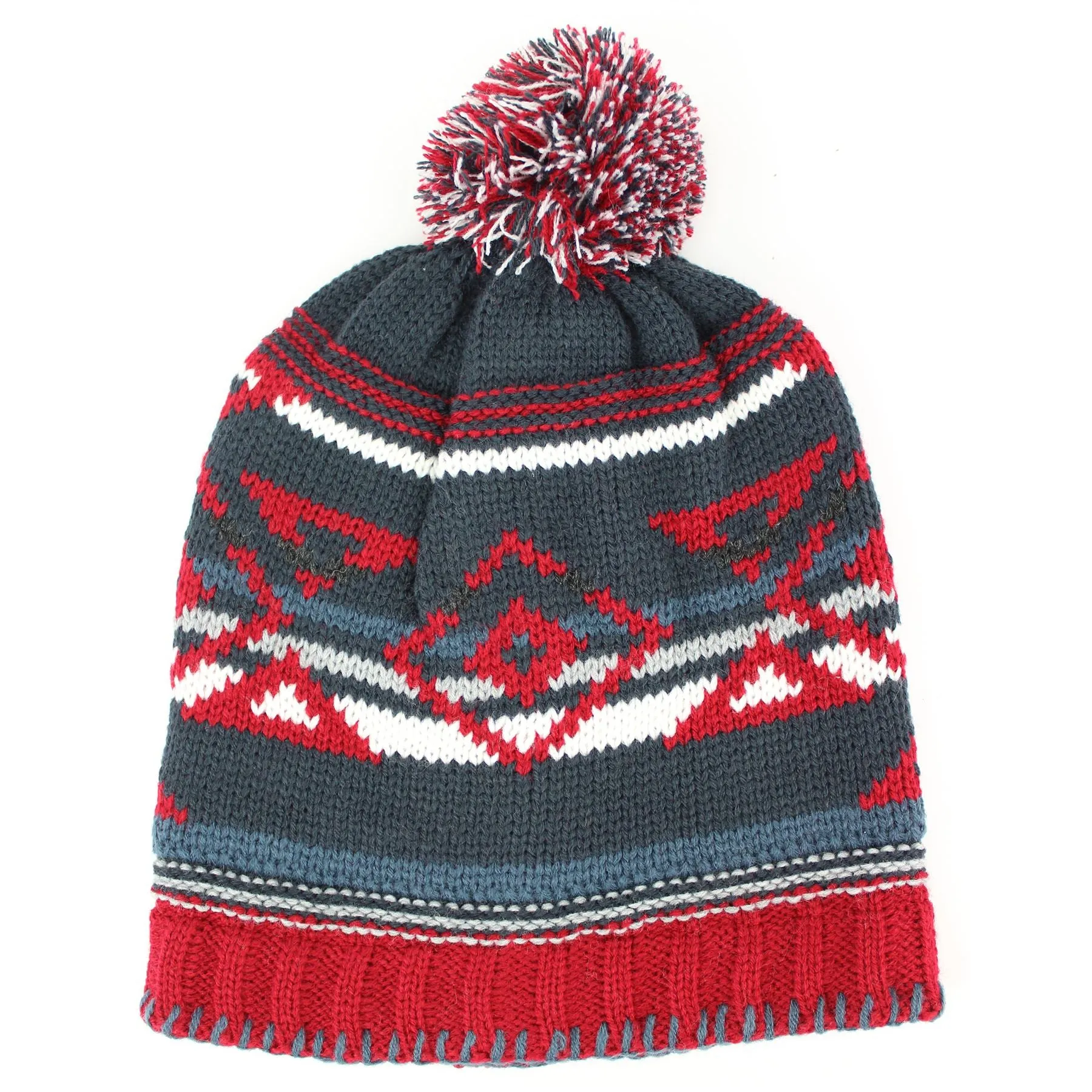 Fine knit aztec pattern beanie bobble hat - Blue