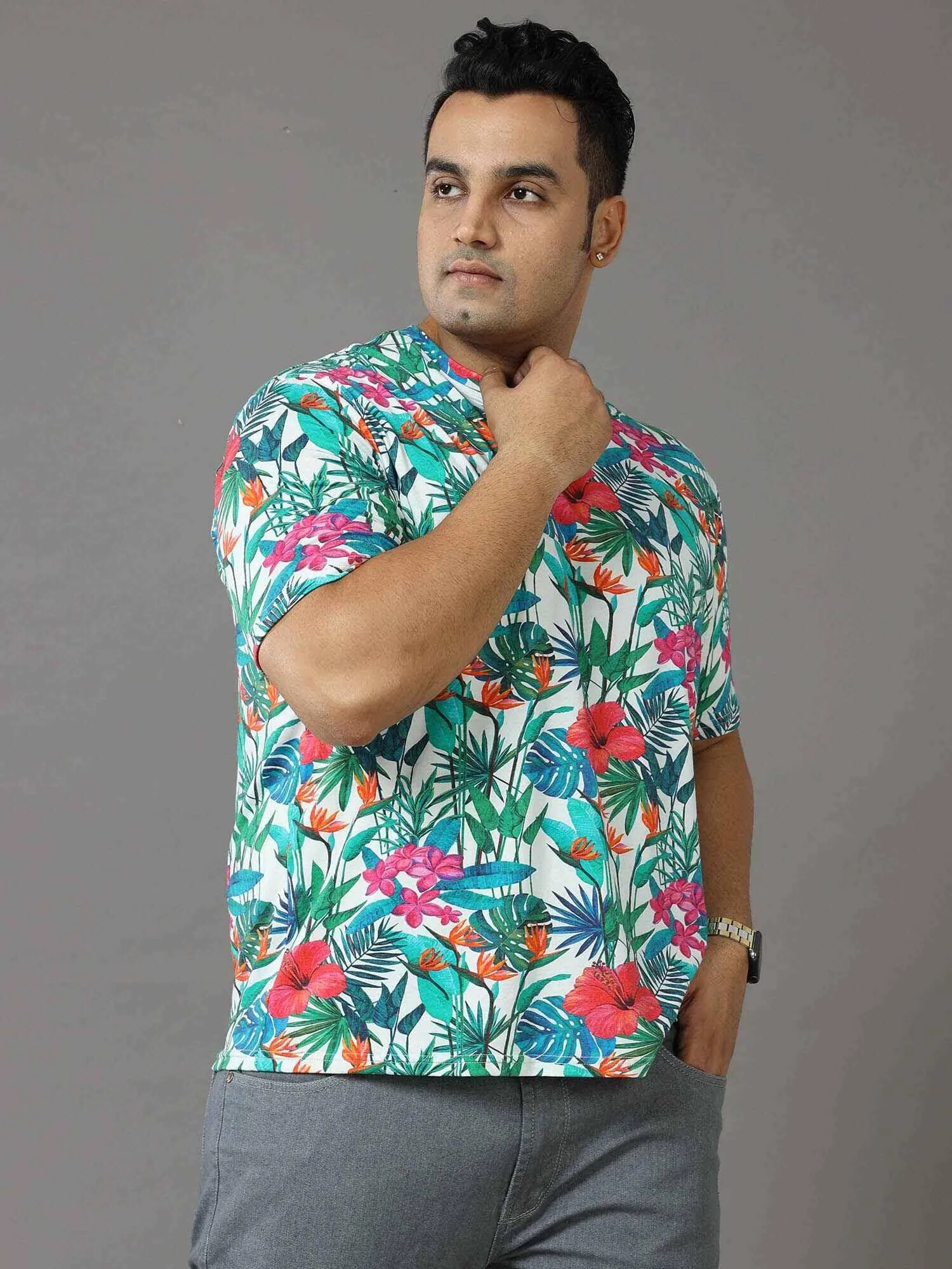 Floral Digital Printed Round Neck T-Shirt Men's Plus Size