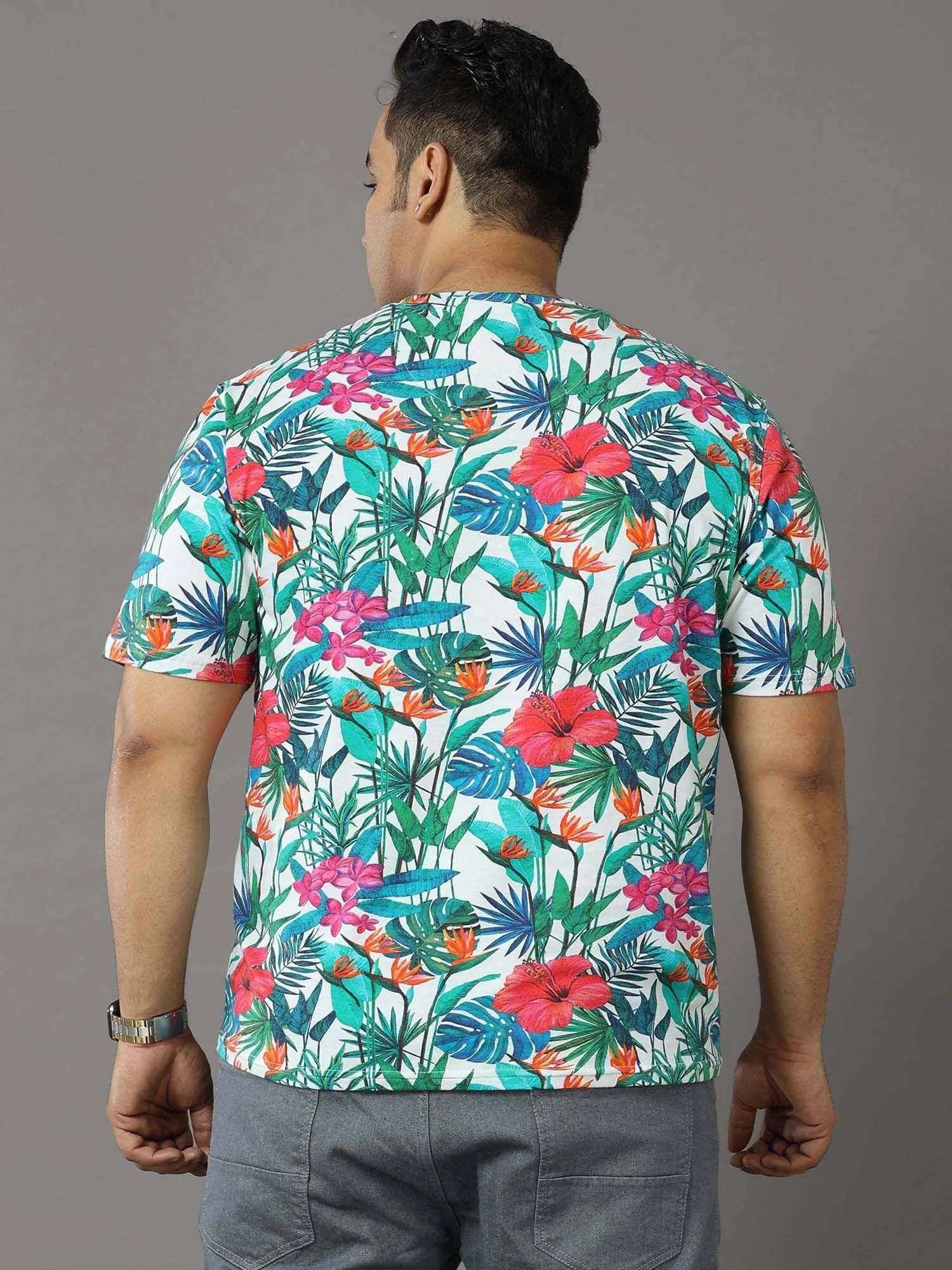 Floral Digital Printed Round Neck T-Shirt Men's Plus Size