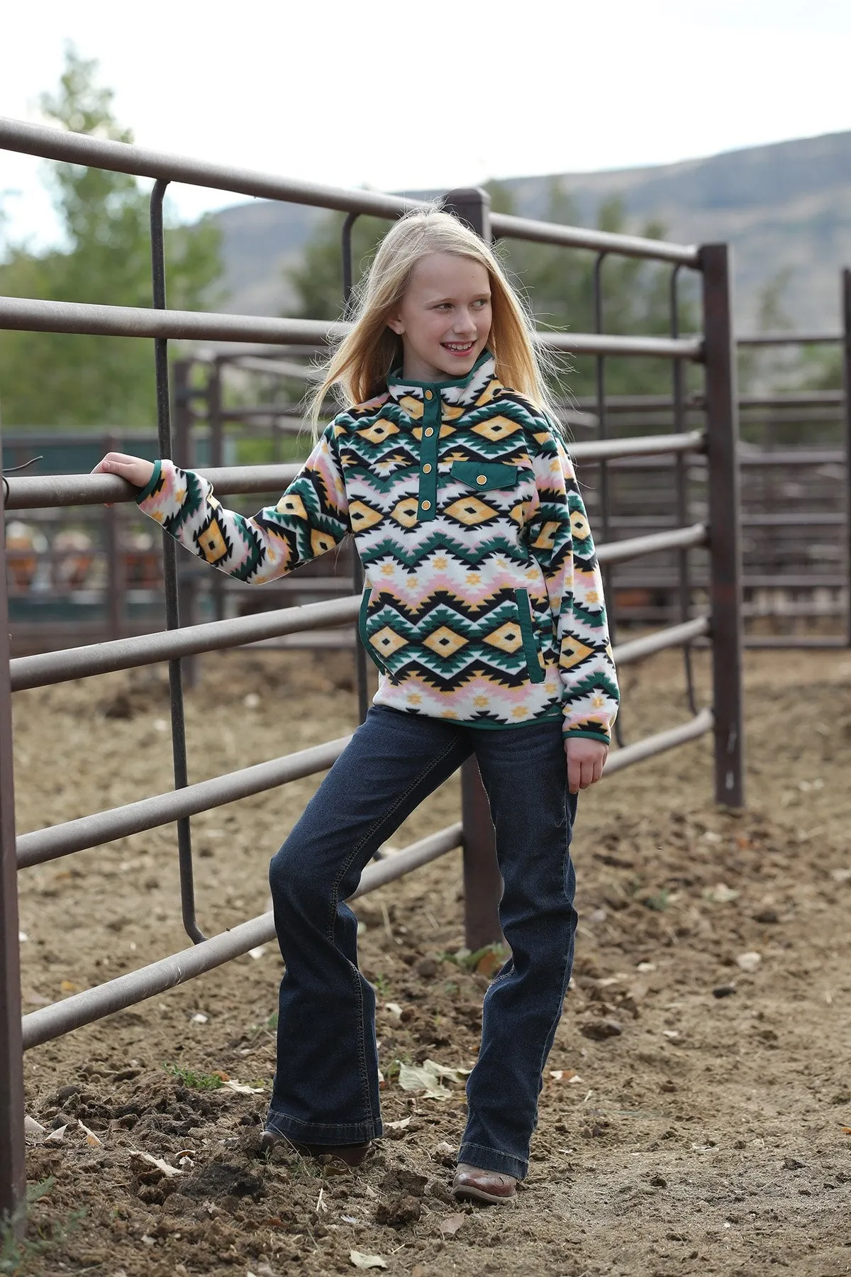 Girls Cruel Denim CWK8720001 Forest Green Aztec Print Polar Fleece Pullover *CLOSEOUT*