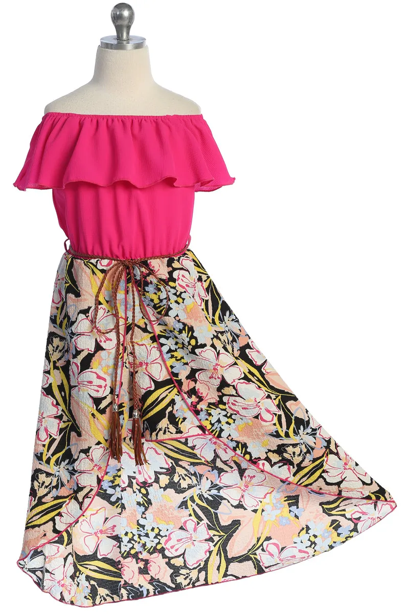 Girls Off-Shoulder Drawstring Floral Jumpsuit Dress 4-14