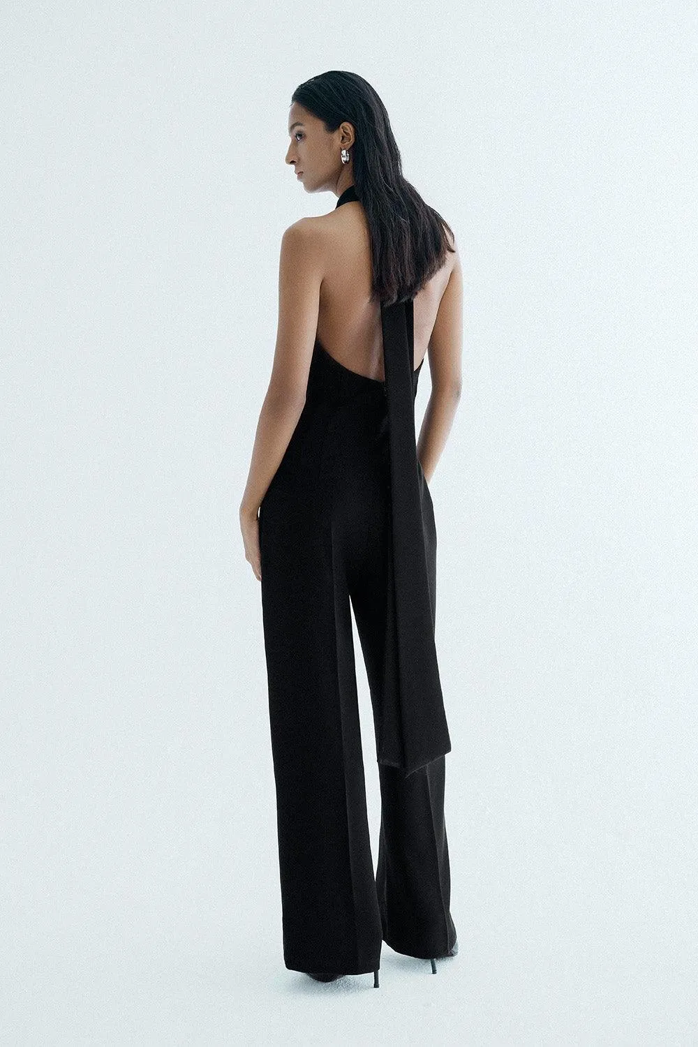 Giulia Halter Sleeveless Crepe Floor Length Jumpsuit