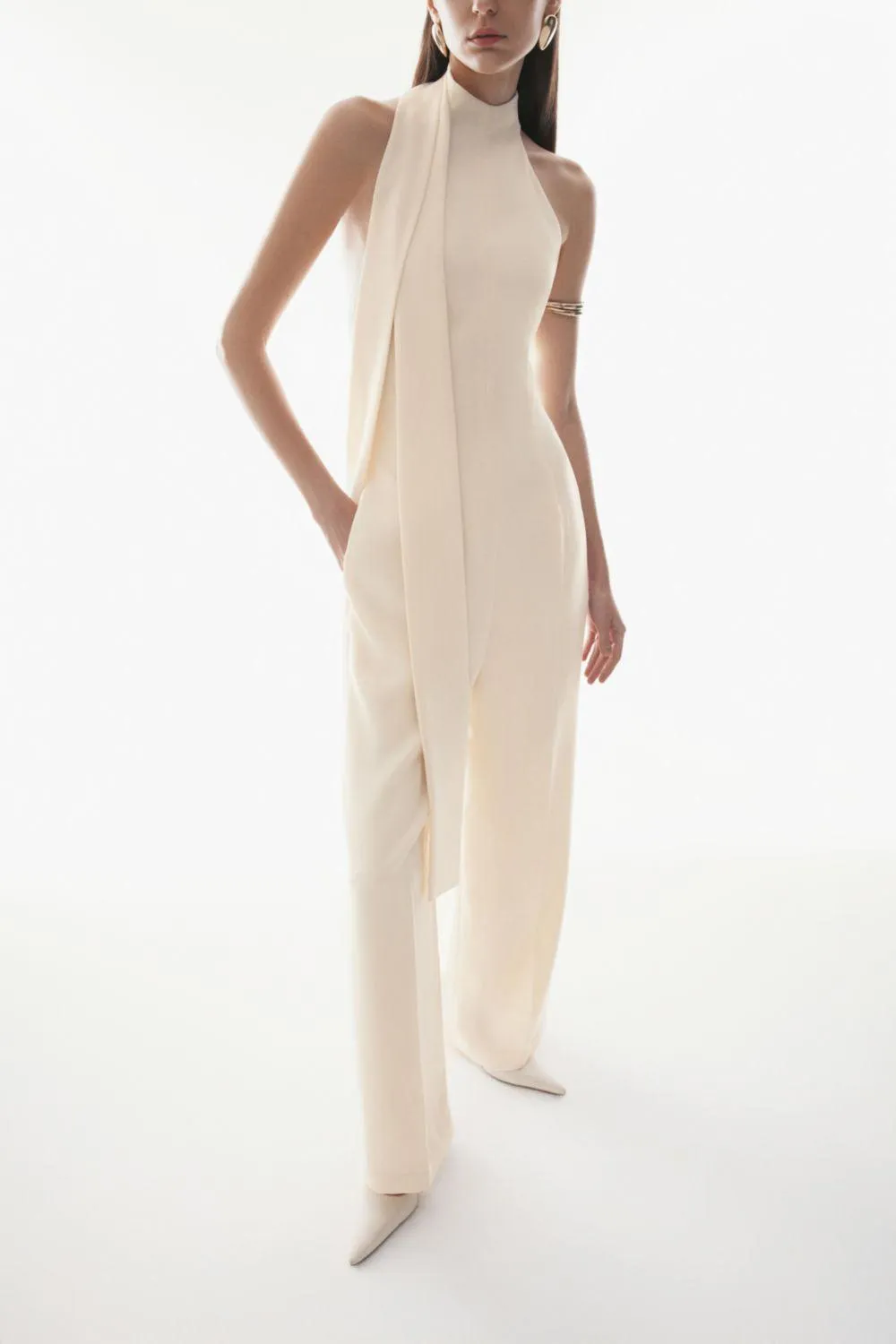 Giulia Halter Sleeveless Crepe Floor Length Jumpsuit