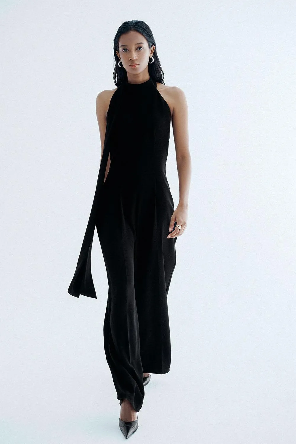 Giulia Halter Sleeveless Crepe Floor Length Jumpsuit