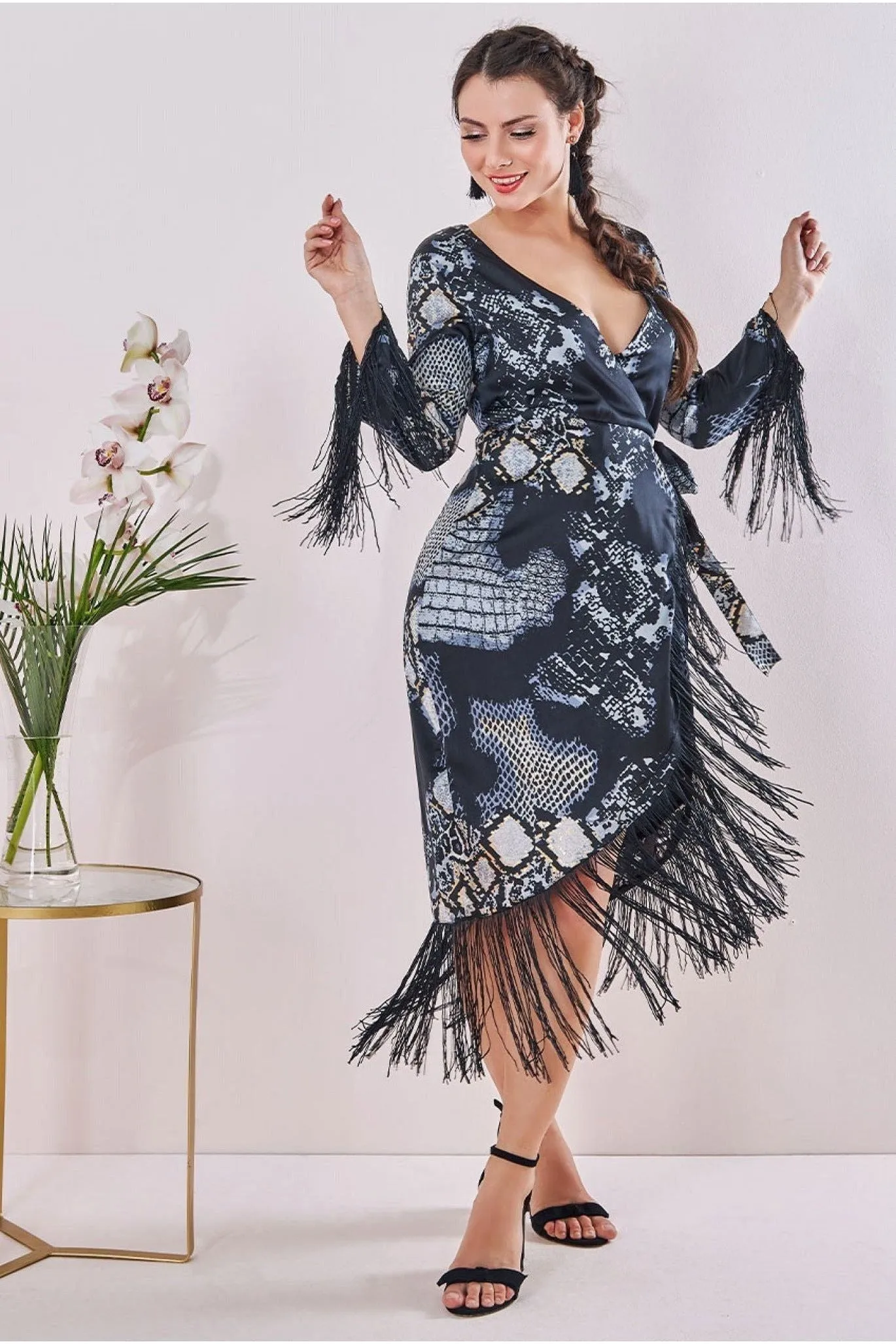 Goddiva Maternity Tassel Foil Print Wrap Midi Black