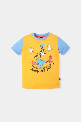 Goofy Graphic Yellow T-Shirt With Contrast Sleeves For Boys