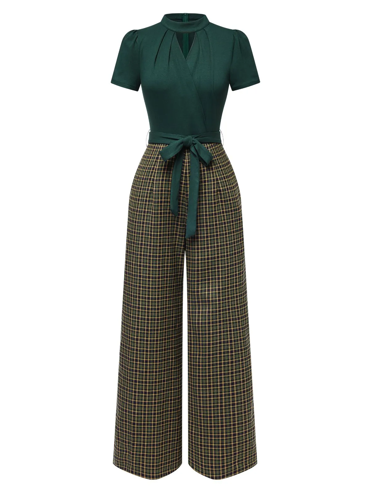 Green 1930s Plaid Keyhole Neck Belted Jumpsuit