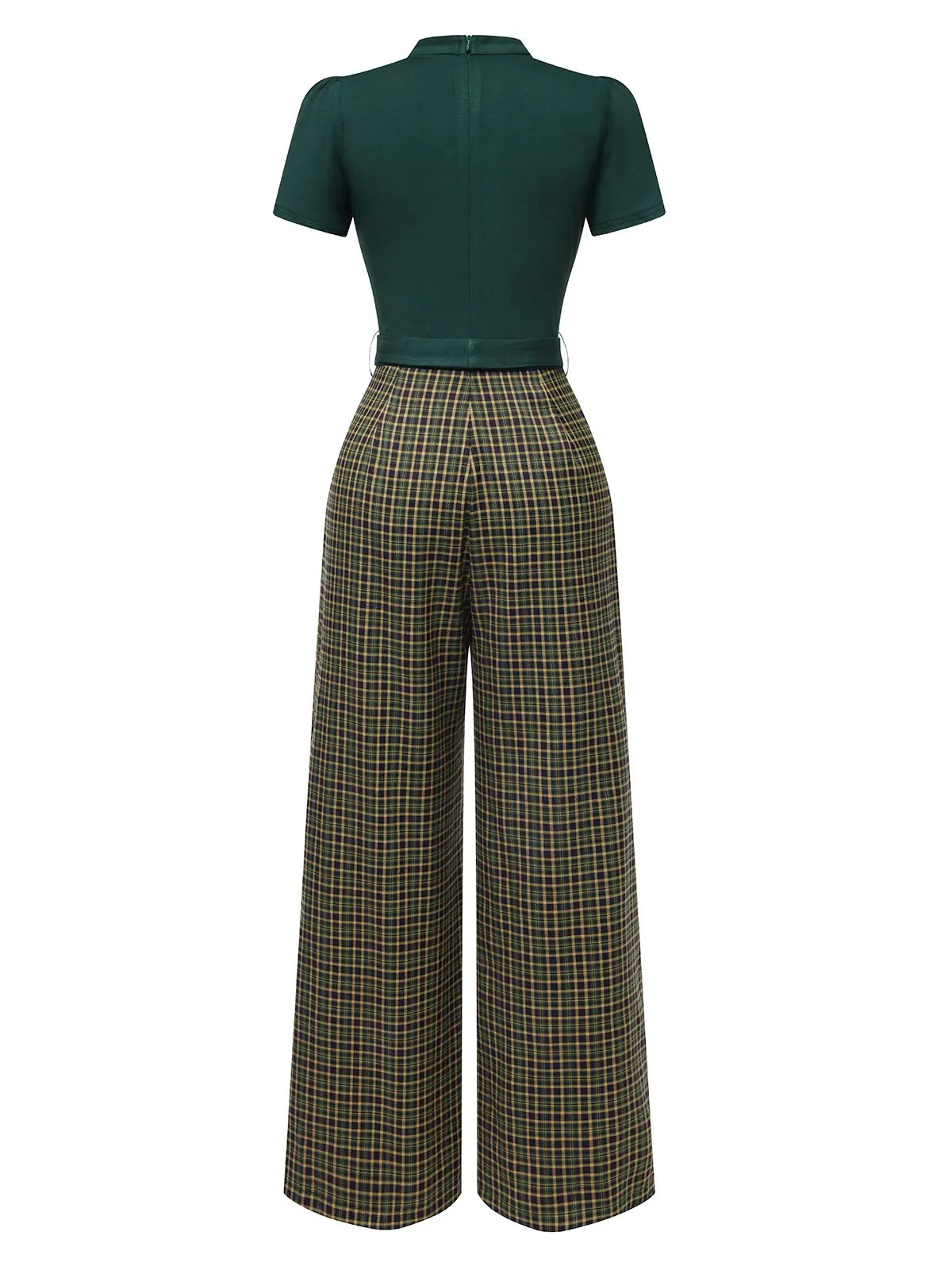 Green 1930s Plaid Keyhole Neck Belted Jumpsuit