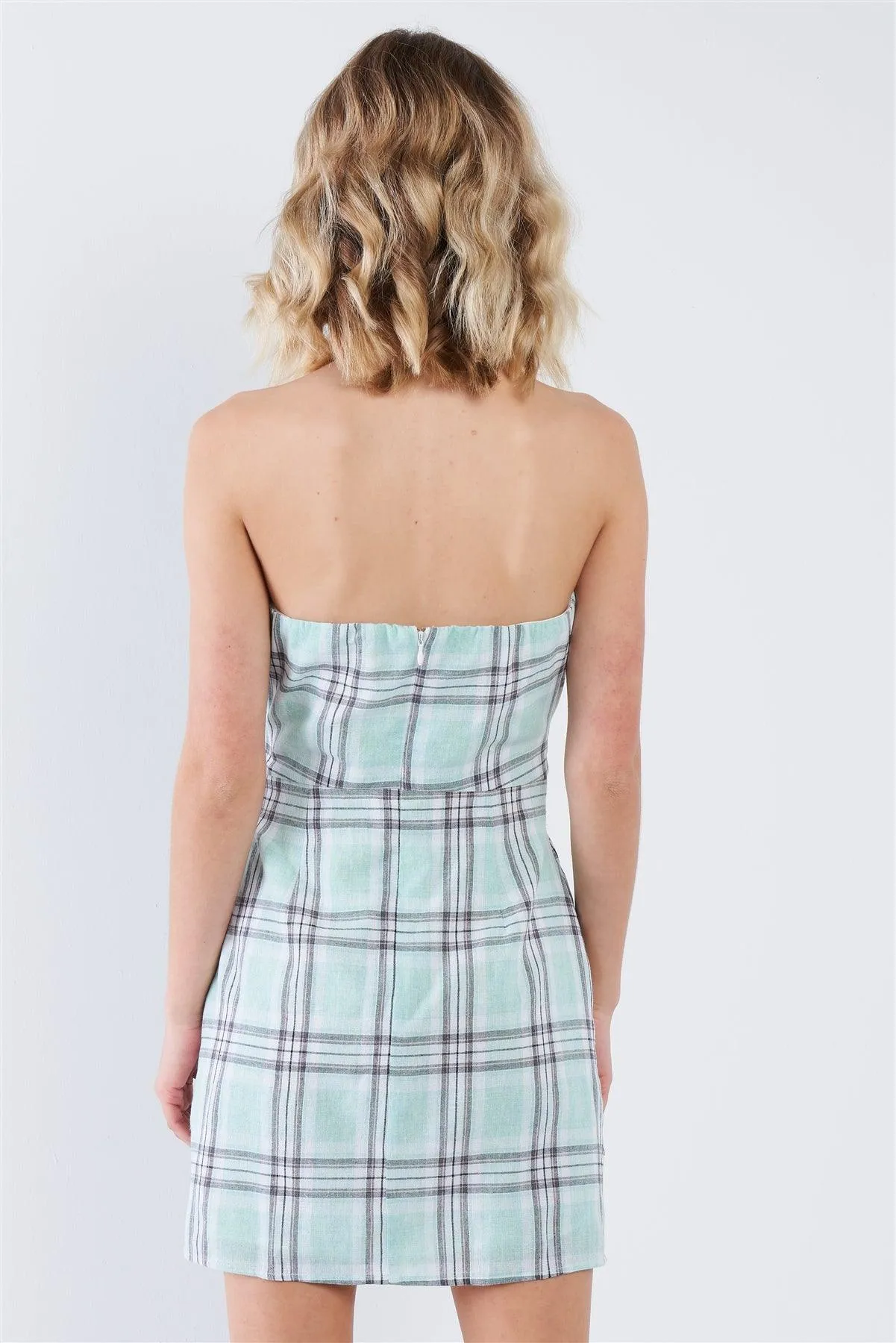 Green Plaid Stripe Tube Top Mock Wrap Mini Dress  /3-2-1