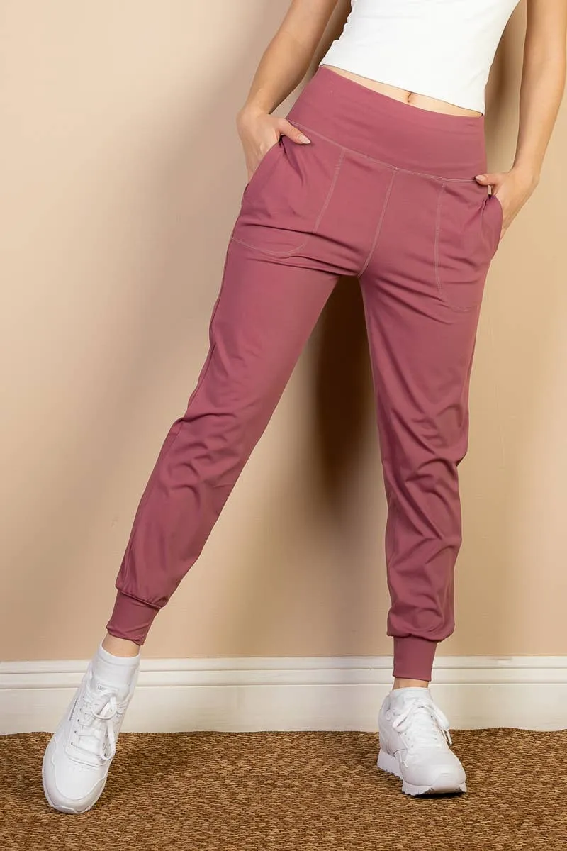 High Waisted Wide Waistband Joggers - Dusty Cedar