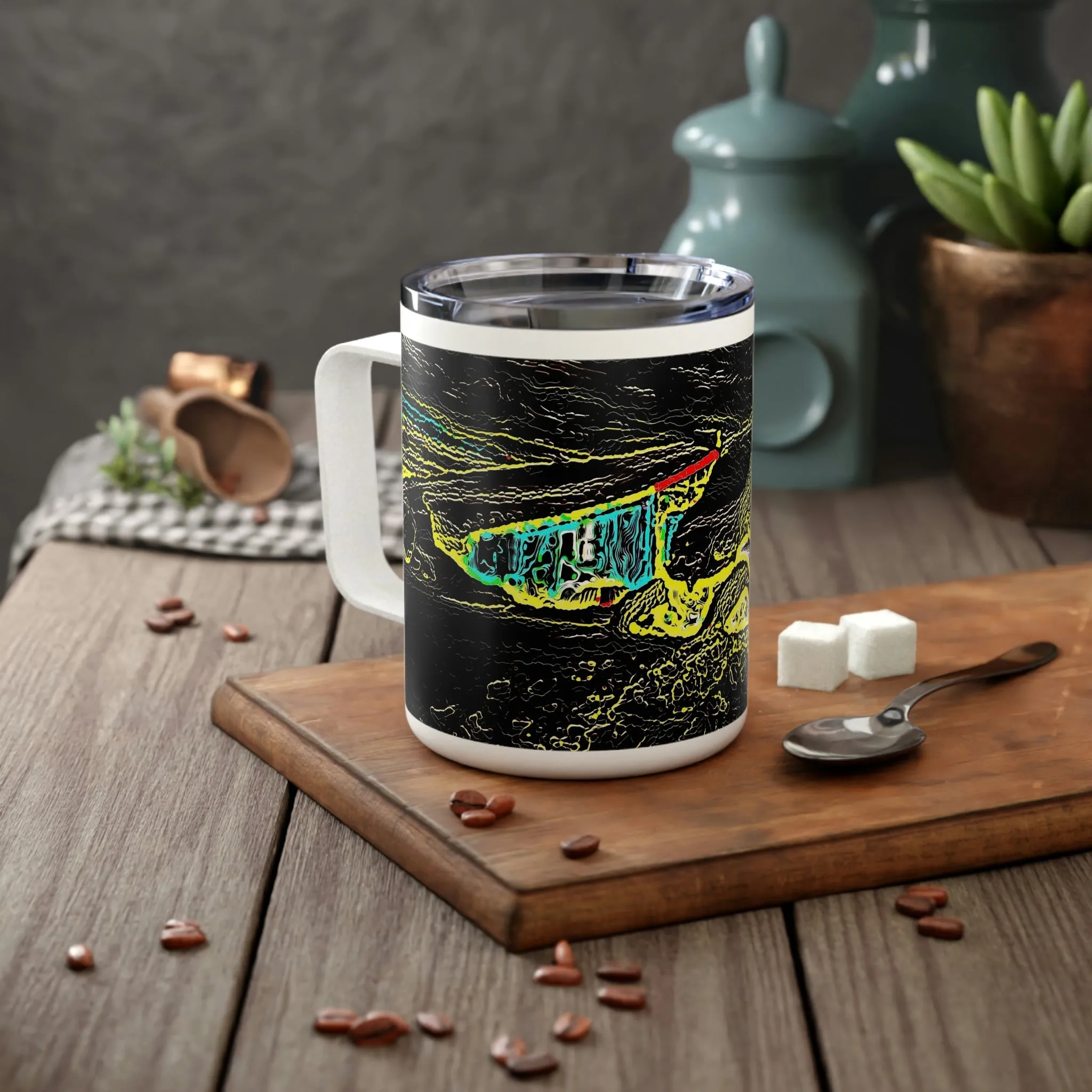 Insulated Coffee Mug, 10oz ... "Snow Vehicle In Snow Storm At-Rest" ... Circa 12Mar23 ... Central Idaho ... 18-Hours Rendering Time: Original Works ...