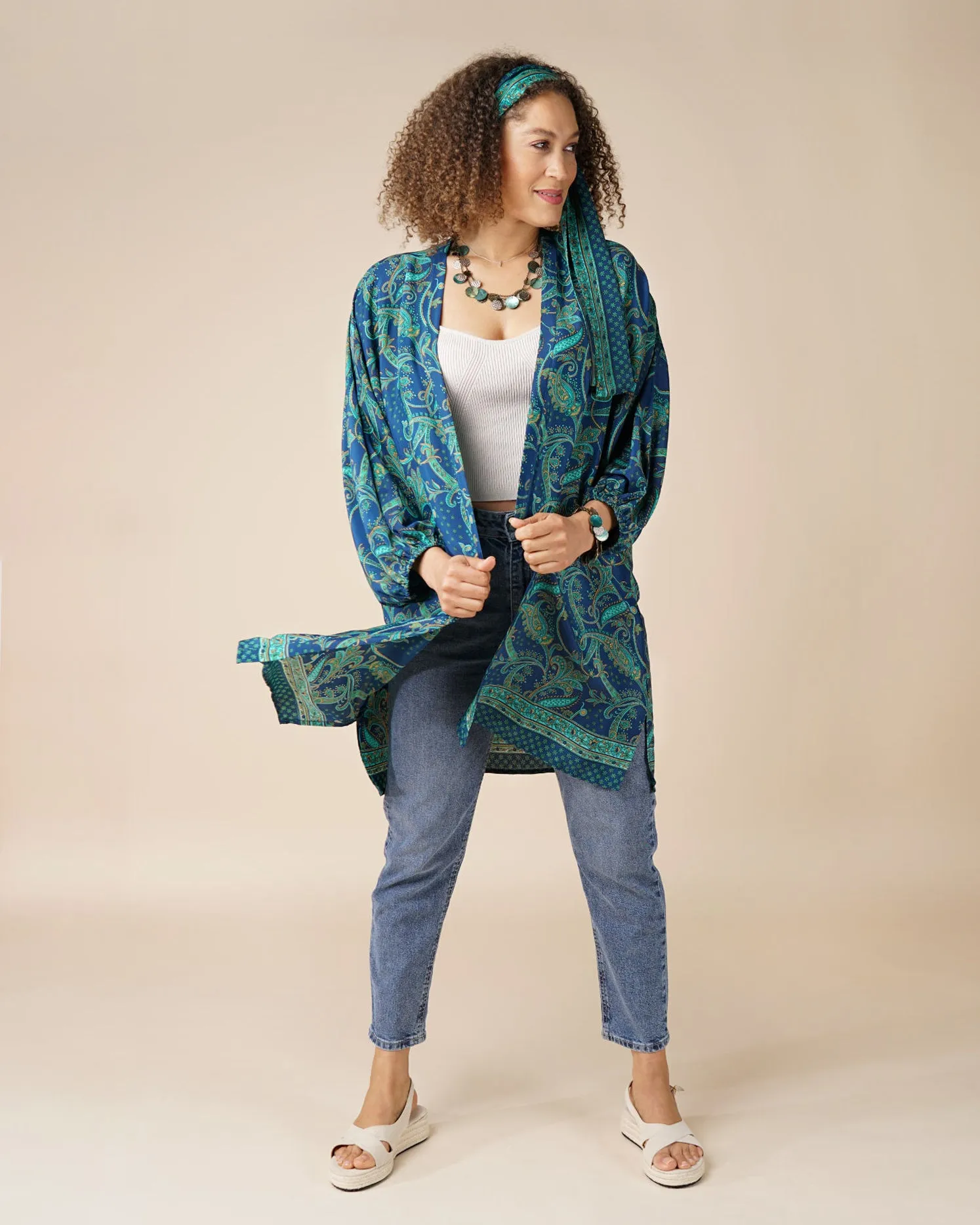 Jade & Blue Batwing Sleeve Jacket | Anastasia Silky Paisley Open Jacket