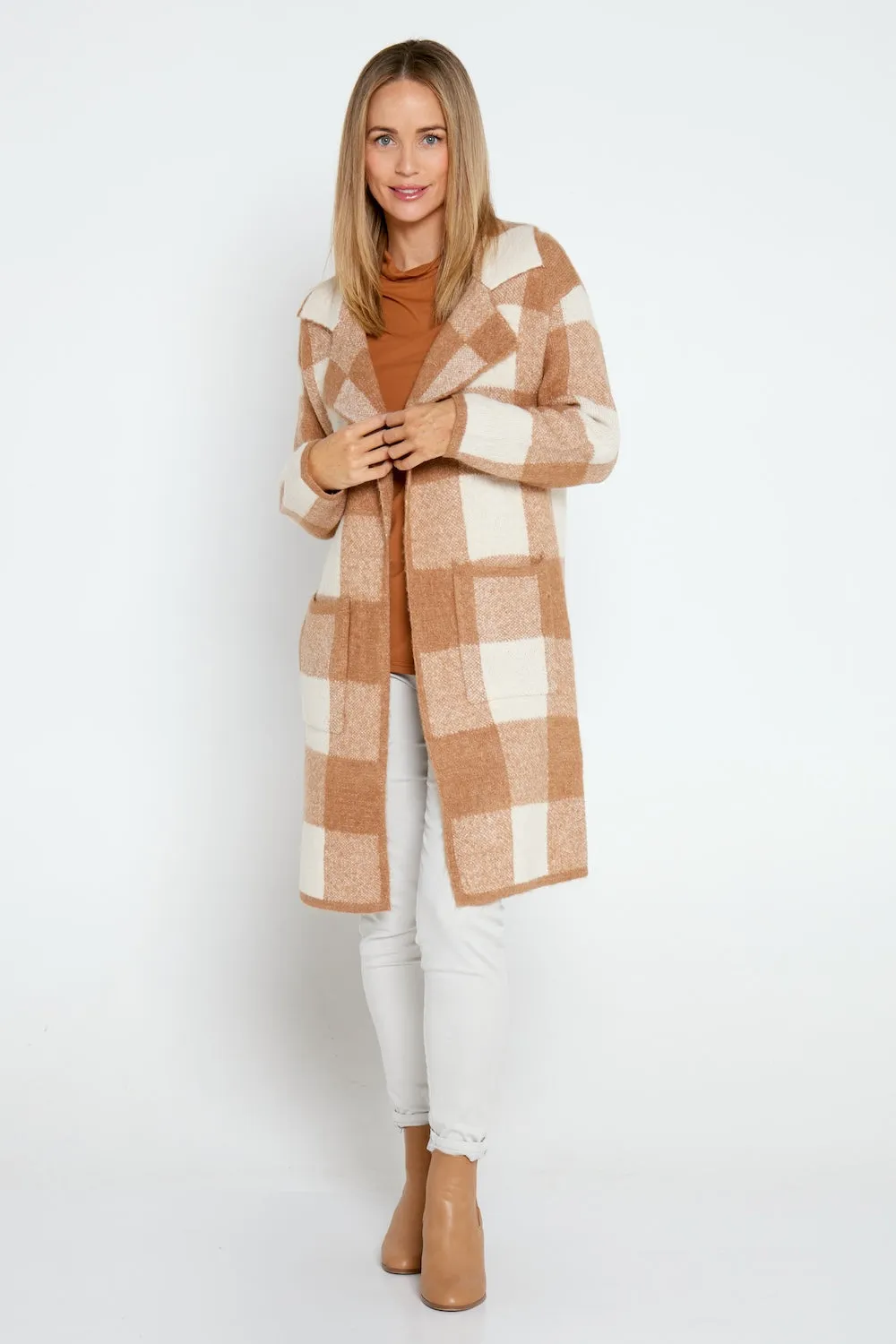 Jessa Wool Blend Knit Jacket - Brown/Cream Check