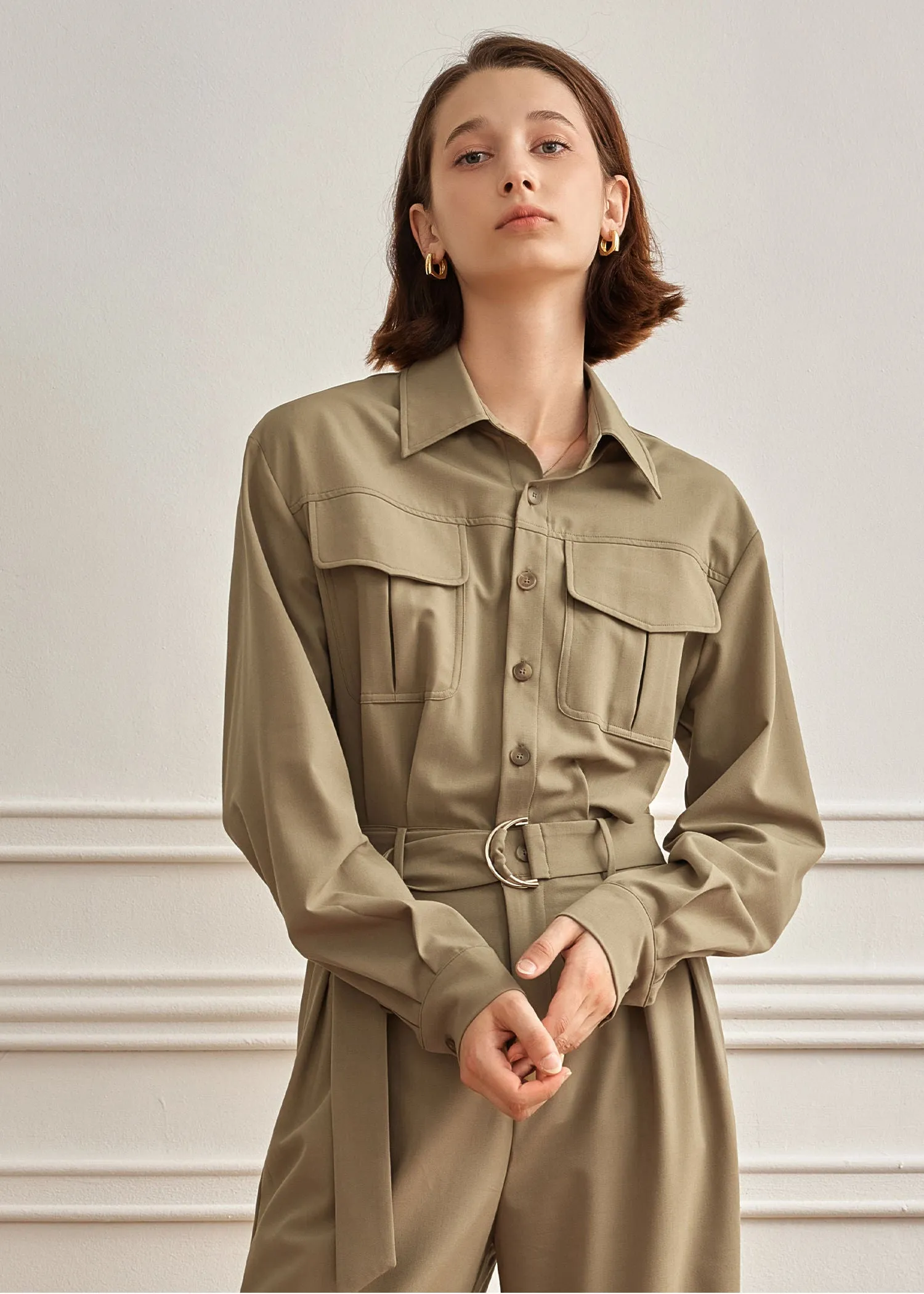 Khaki Utility Pocket Long Sleeve Jumpsuit