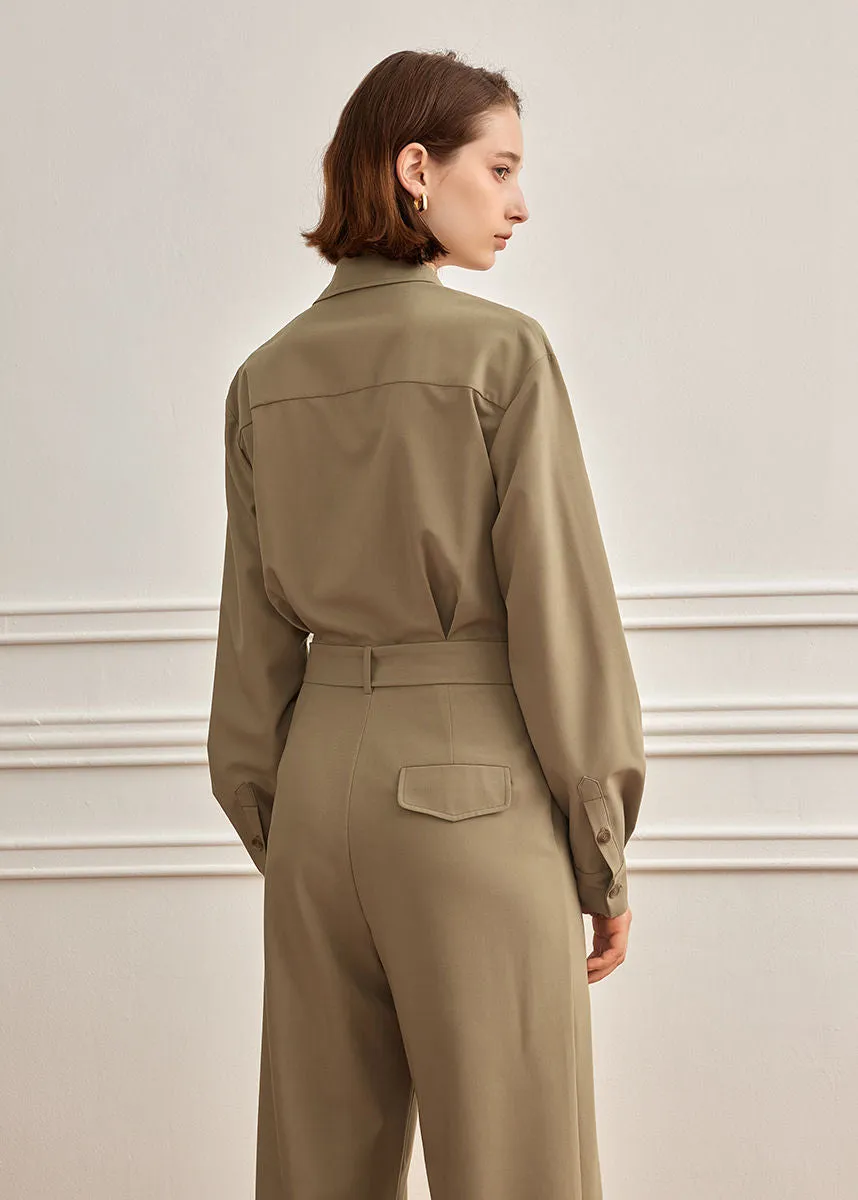 Khaki Utility Pocket Long Sleeve Jumpsuit