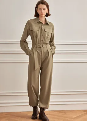 Khaki Utility Pocket Long Sleeve Jumpsuit