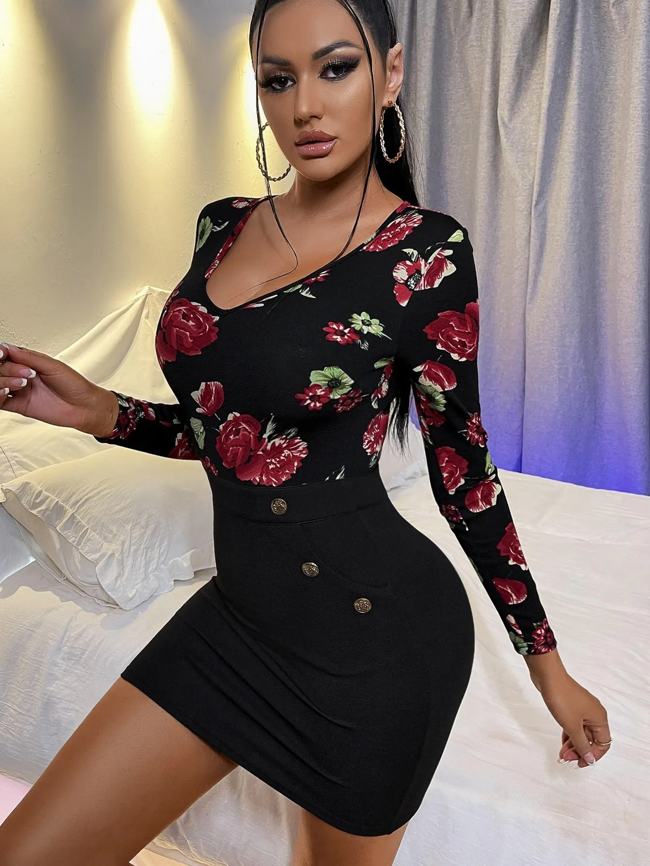 KittenAlarm - Bodycon Dresses for Women Floral Patterns Pencil Short Dresses