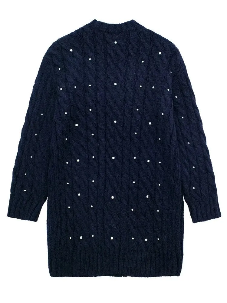 Knitted Long Sweater Women Navy Warm Woman Winter Sweater Rhinestone