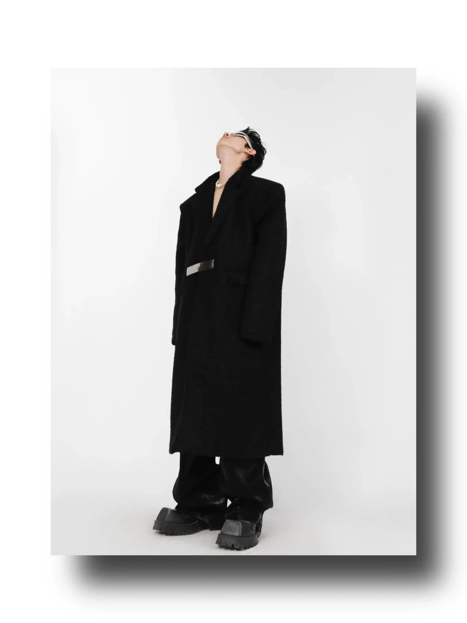 Lamb Wool Designer Overcoat | Metal Buckle Long Woolen Trench Coat