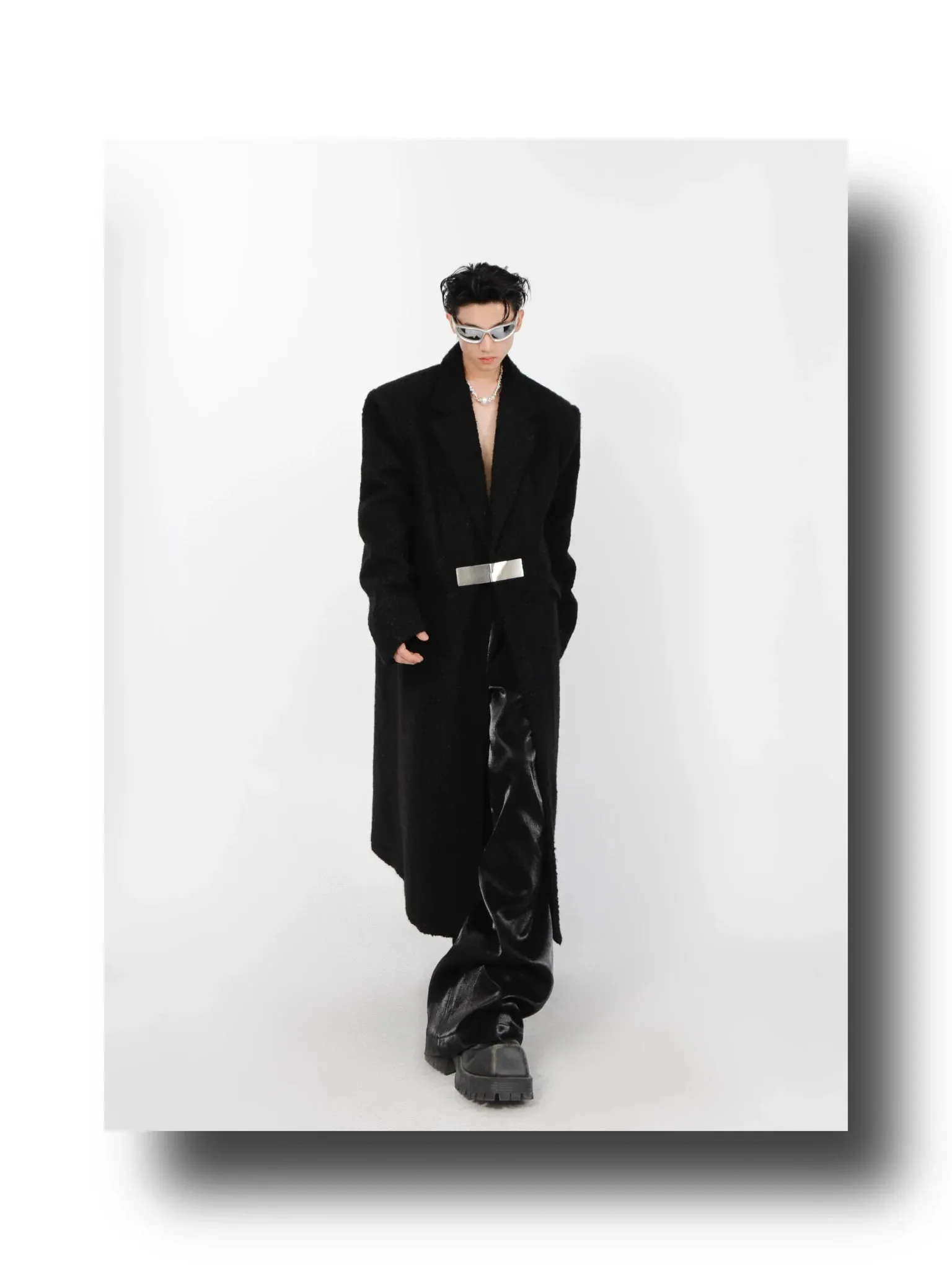 Lamb Wool Designer Overcoat | Metal Buckle Long Woolen Trench Coat