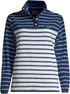 Lands' End Women's Snap Neck Heritage Fleece Pullover Deep Sea Navy Founders Stripe