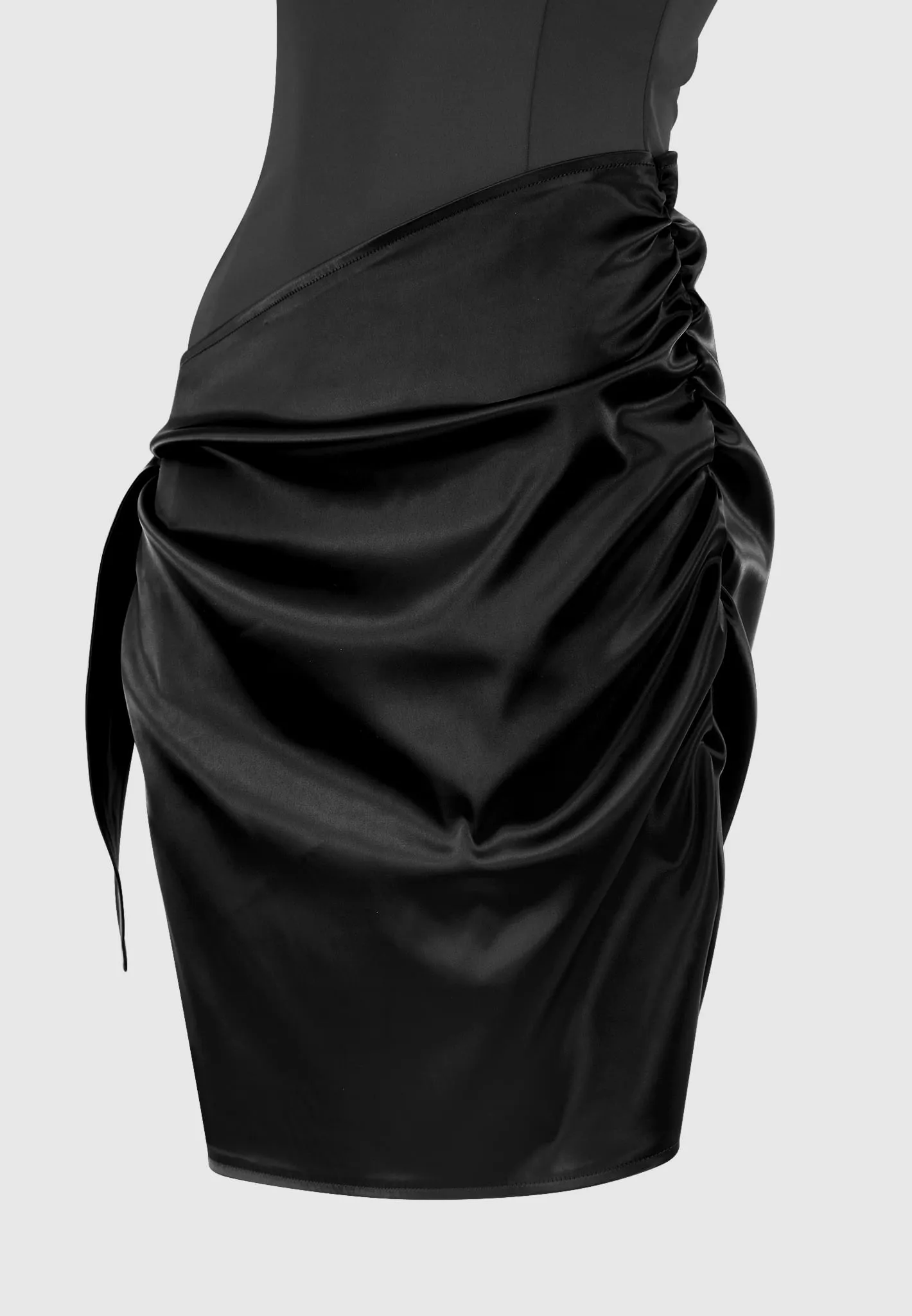 Leather & Satin Wrap Bodycon Dress - Black