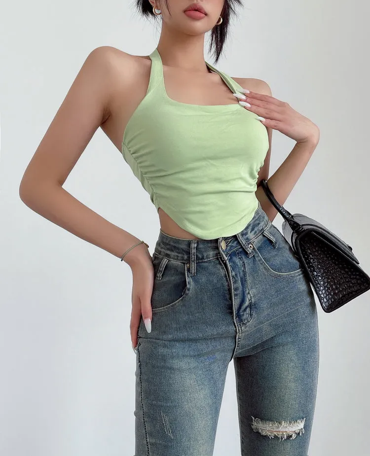 Liana Solid Color Halter Neck Slim Cropped Top