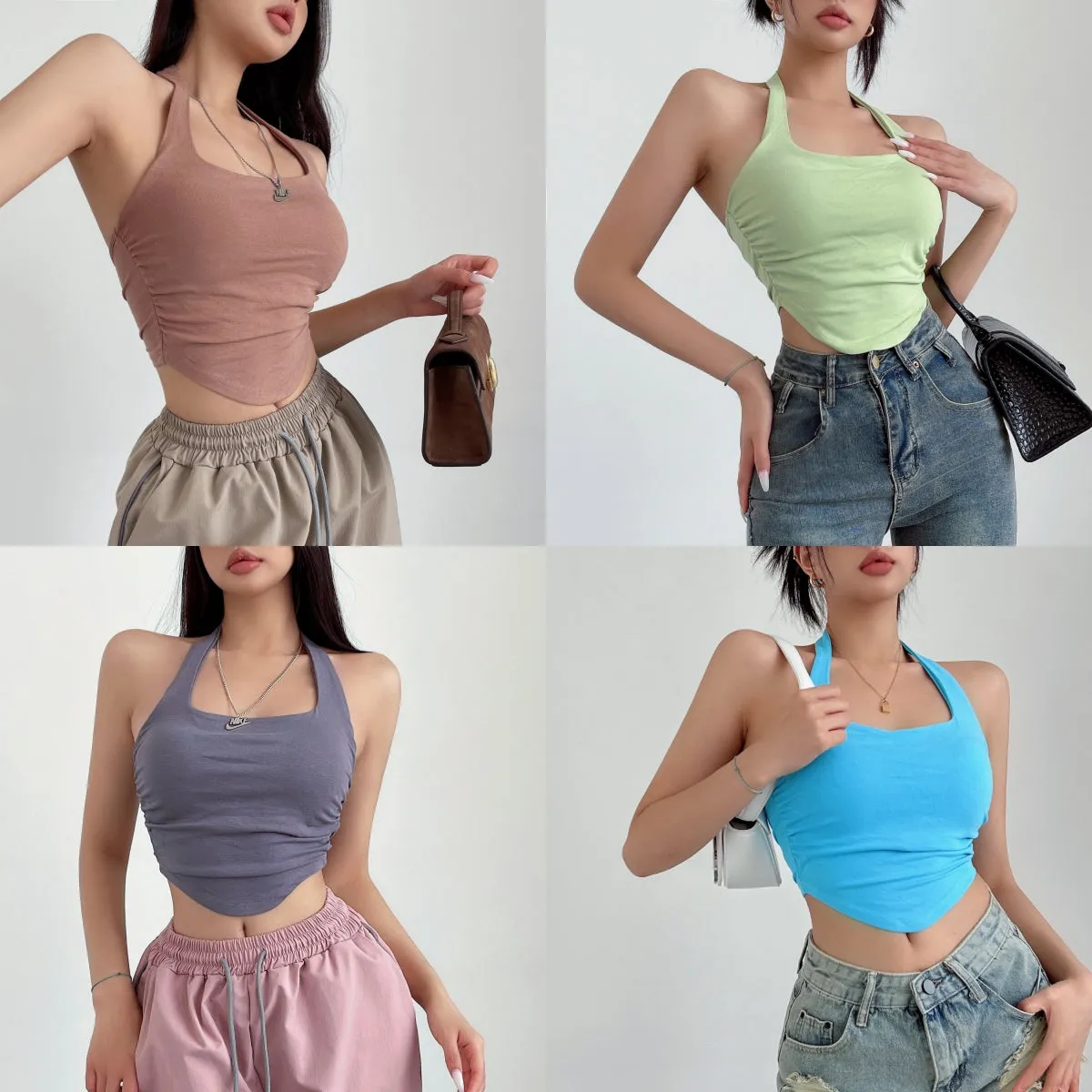 Liana Solid Color Halter Neck Slim Cropped Top