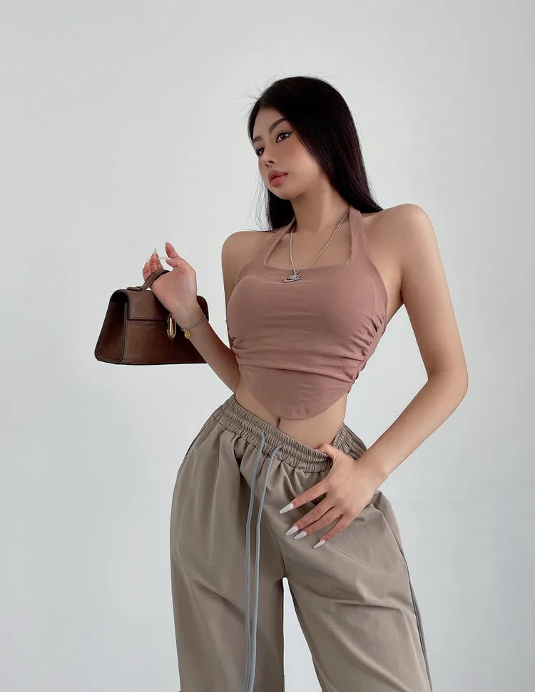 Liana Solid Color Halter Neck Slim Cropped Top