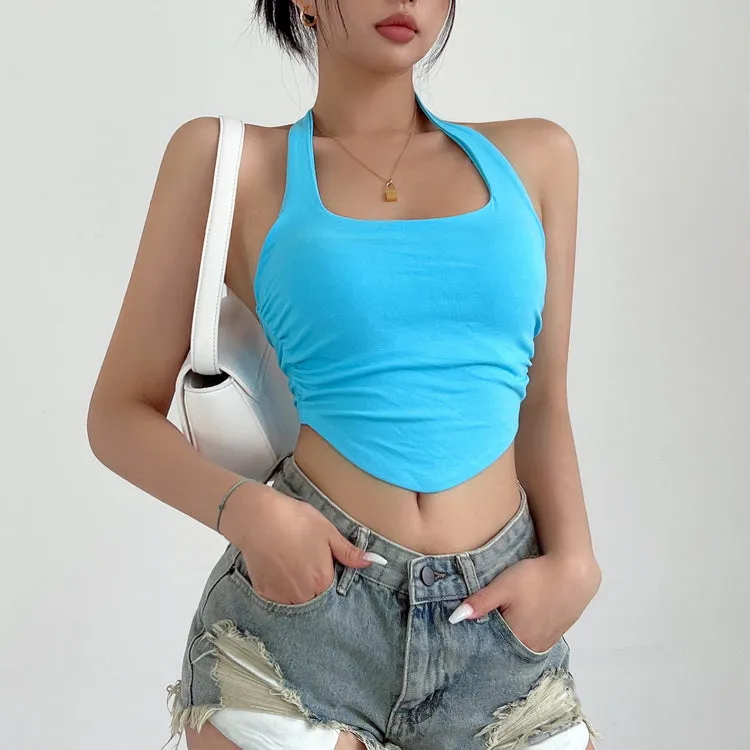 Liana Solid Color Halter Neck Slim Cropped Top