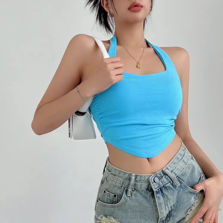 Liana Solid Color Halter Neck Slim Cropped Top