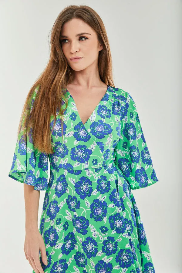 Liquorish Blue Floral Midi Wrap Dress Kimono Sleeves Green