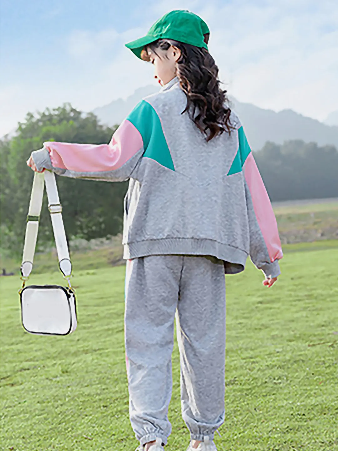 Little Surprise Box,Casual Grey With Mint & Pink Stripes 2Pcs Track Suit Set For Kids & Tweens