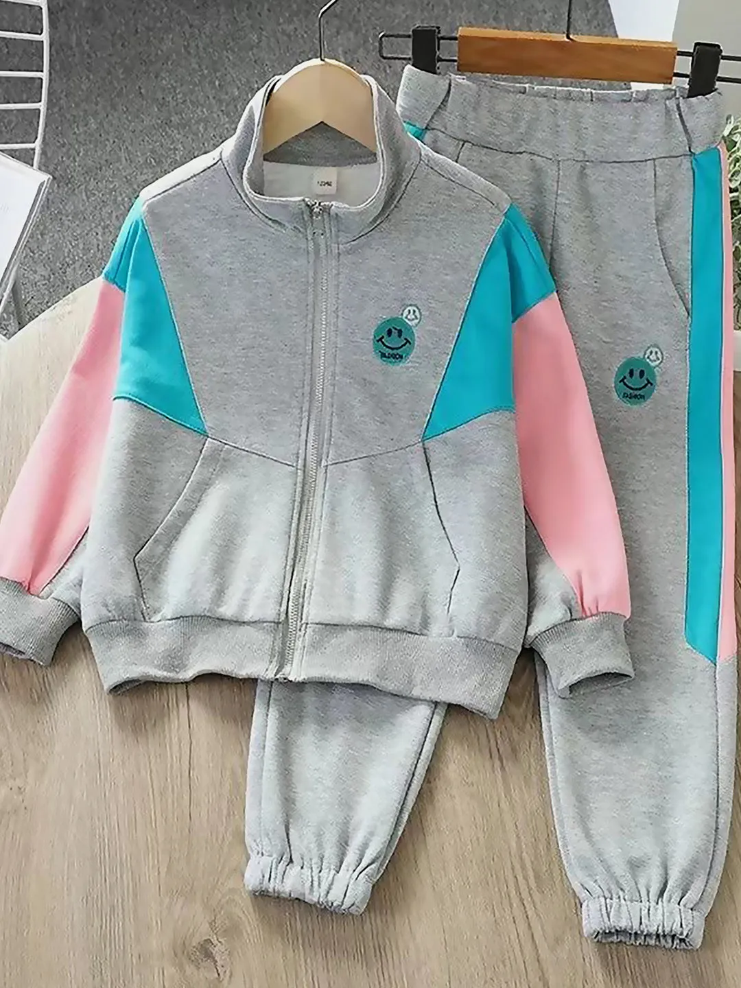 Little Surprise Box,Casual Grey With Mint & Pink Stripes 2Pcs Track Suit Set For Kids & Tweens