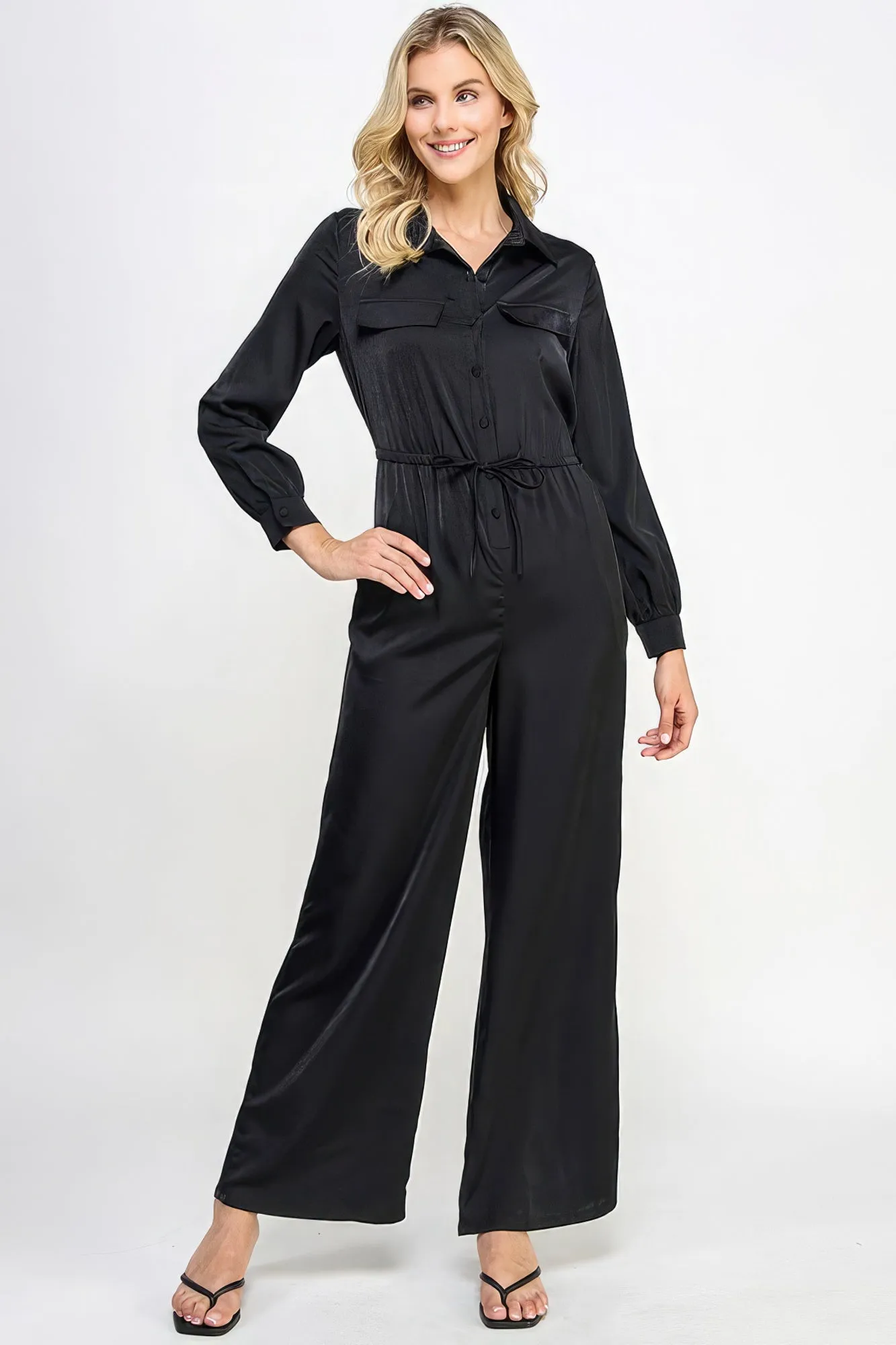 Long Sleeve Jumpsuit With Waist Drawstring