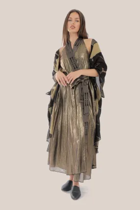 Long wrap doubleface dress in metallic foil voile