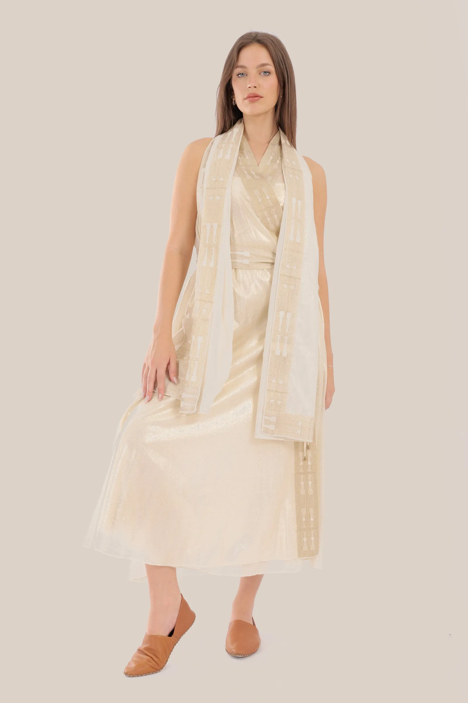 Long wrap doubleface dress in metallic foil voile