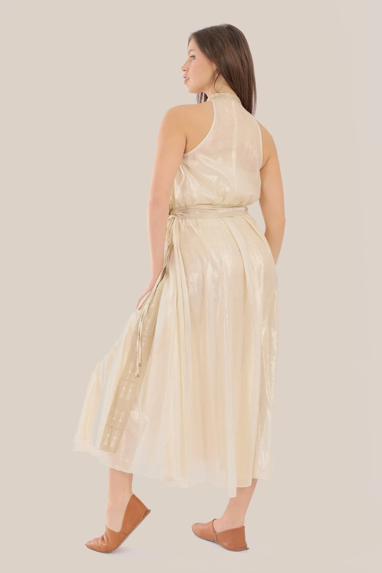 Long wrap doubleface dress in metallic foil voile