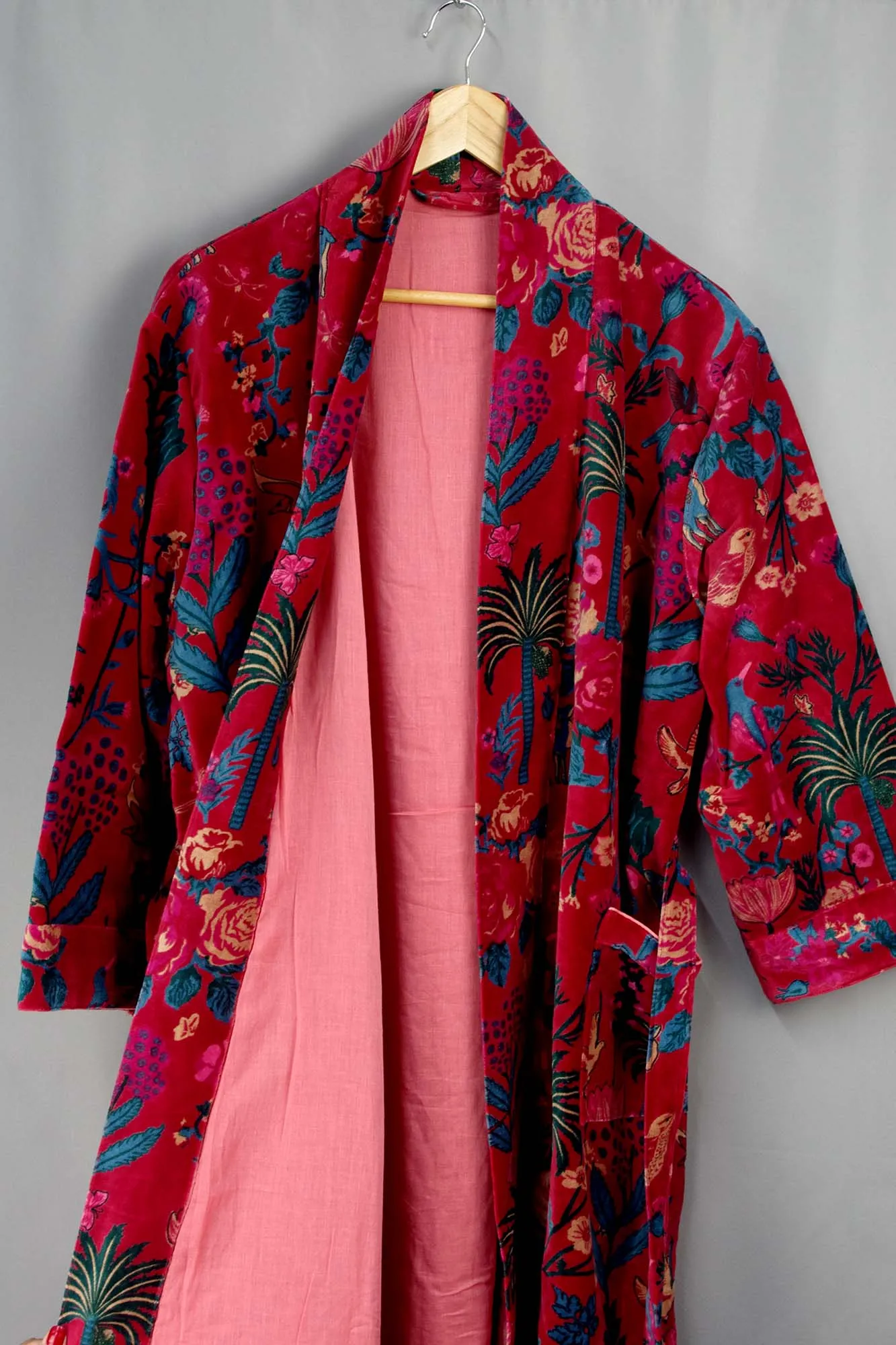 Luxury Maroon Red Tropical Floral Velvet Kimono Boho Robe With Lining.