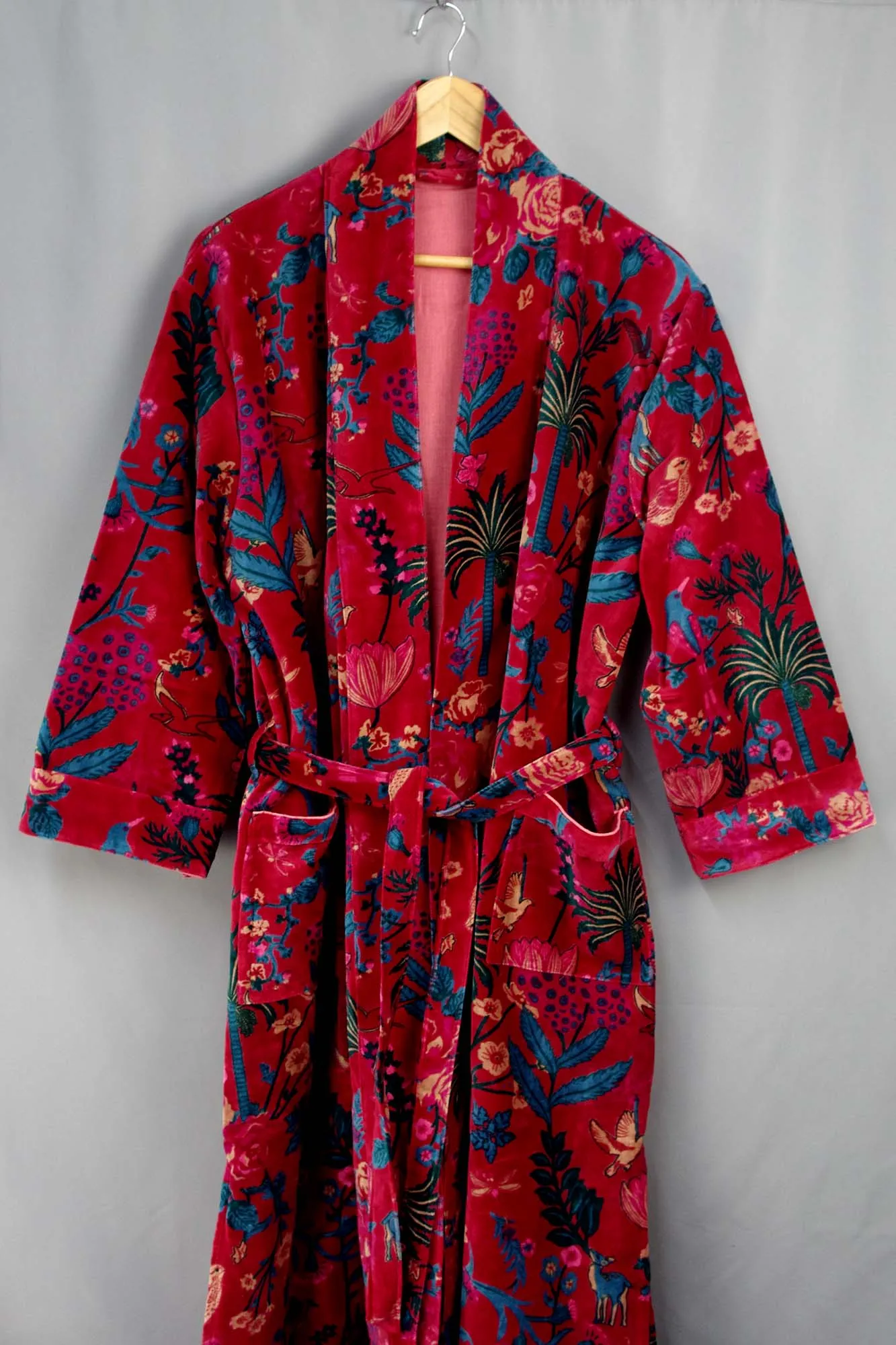 Luxury Maroon Red Tropical Floral Velvet Kimono Boho Robe With Lining.