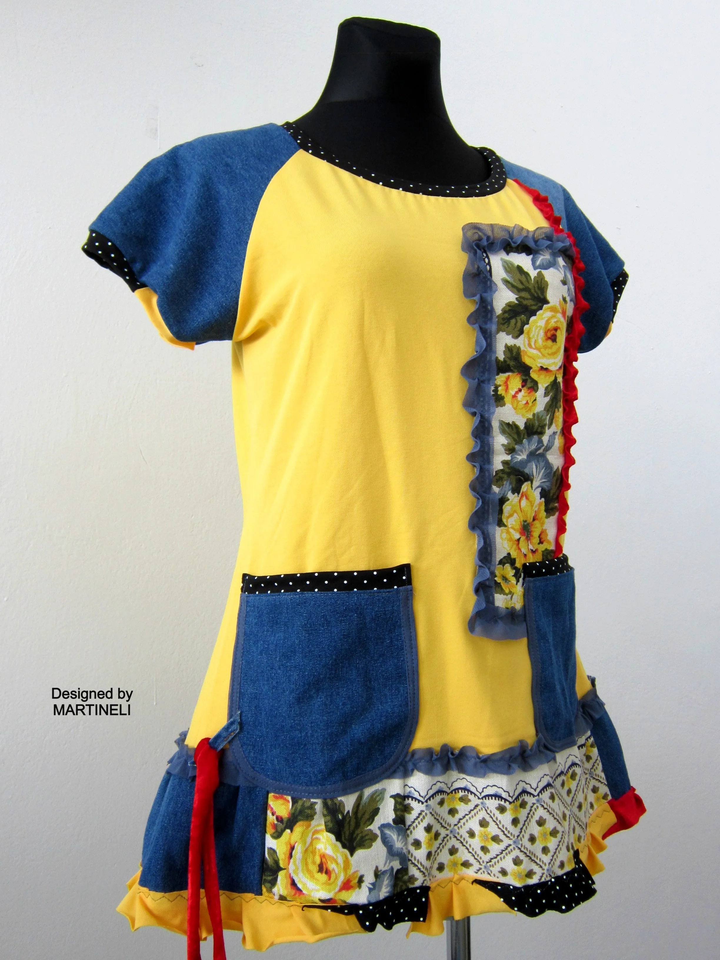 M Short Sleeves Yellow Cotton Dress,Boho Denim Tunic Dress