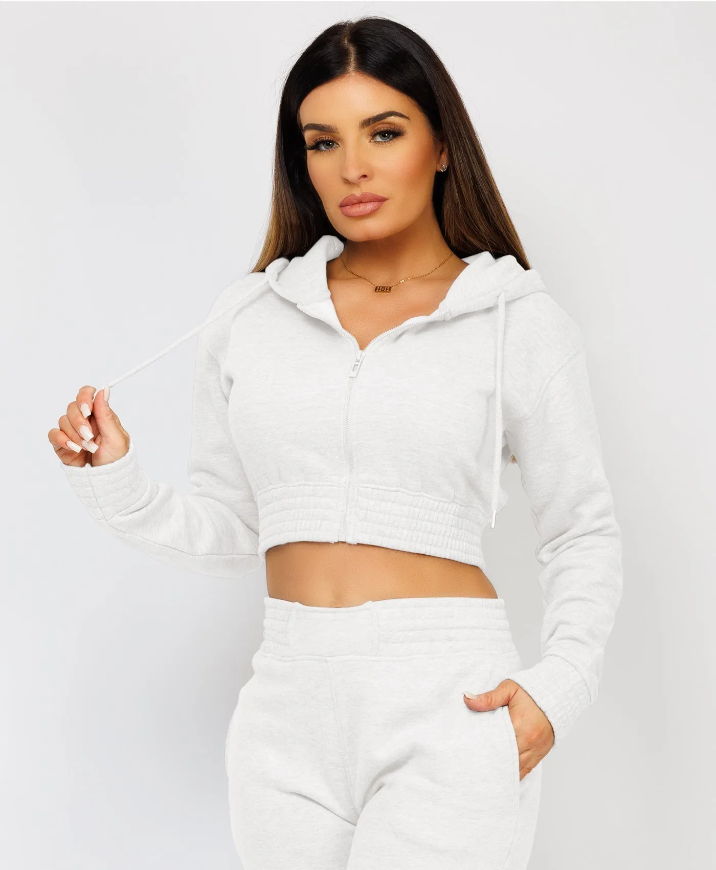 Marl Grey Zipped Cropped Hooded Tracksuit Loungewear Set