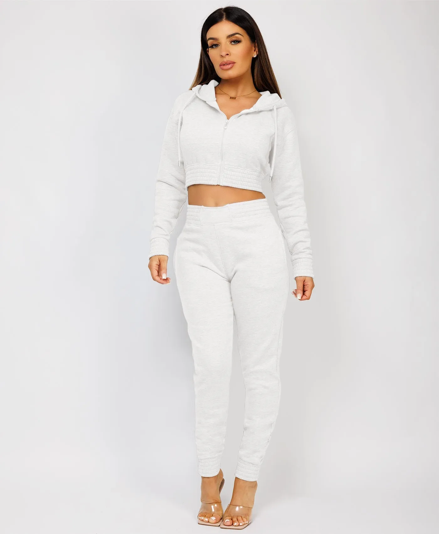 Marl Grey Zipped Cropped Hooded Tracksuit Loungewear Set