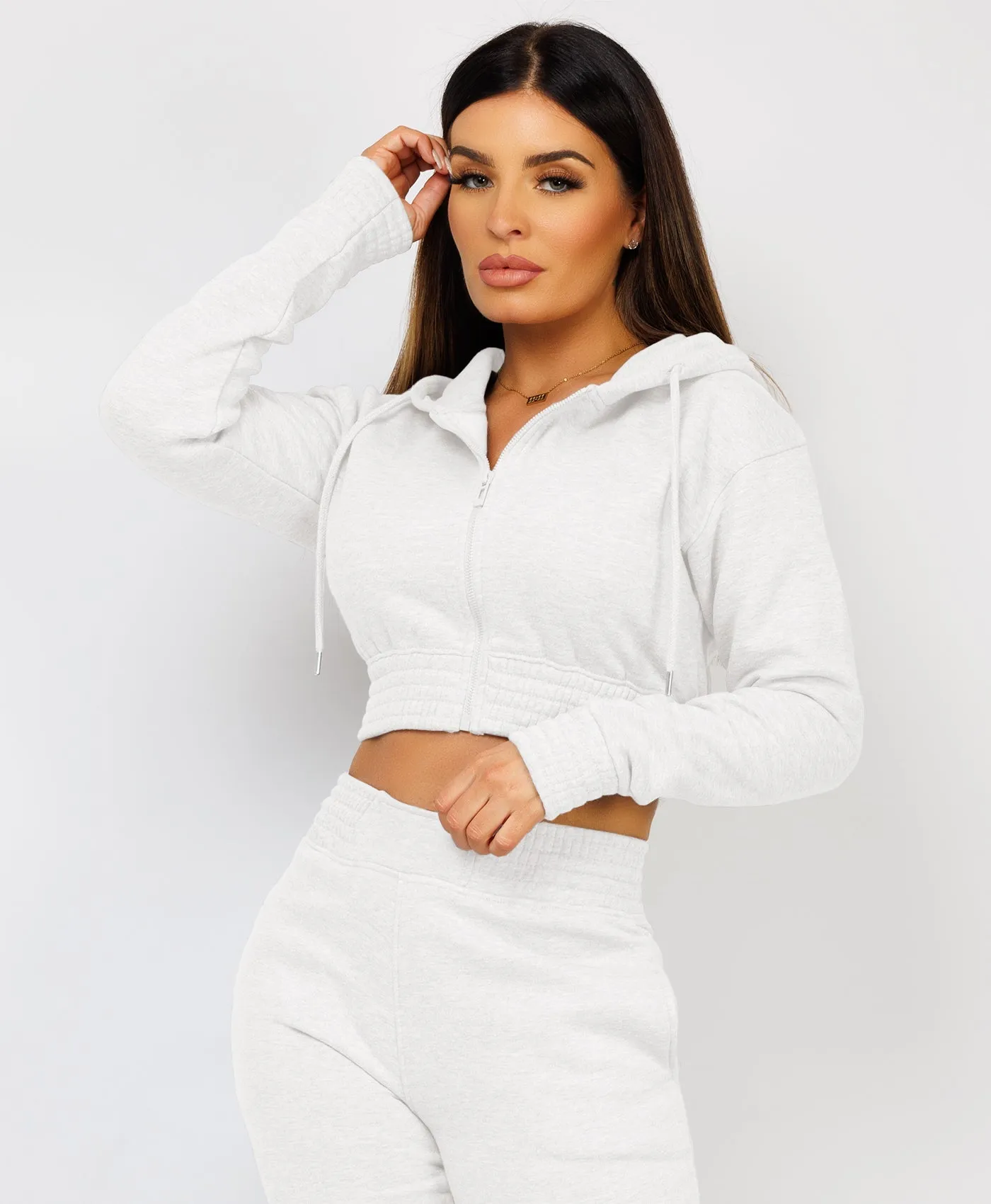 Marl Grey Zipped Cropped Hooded Tracksuit Loungewear Set