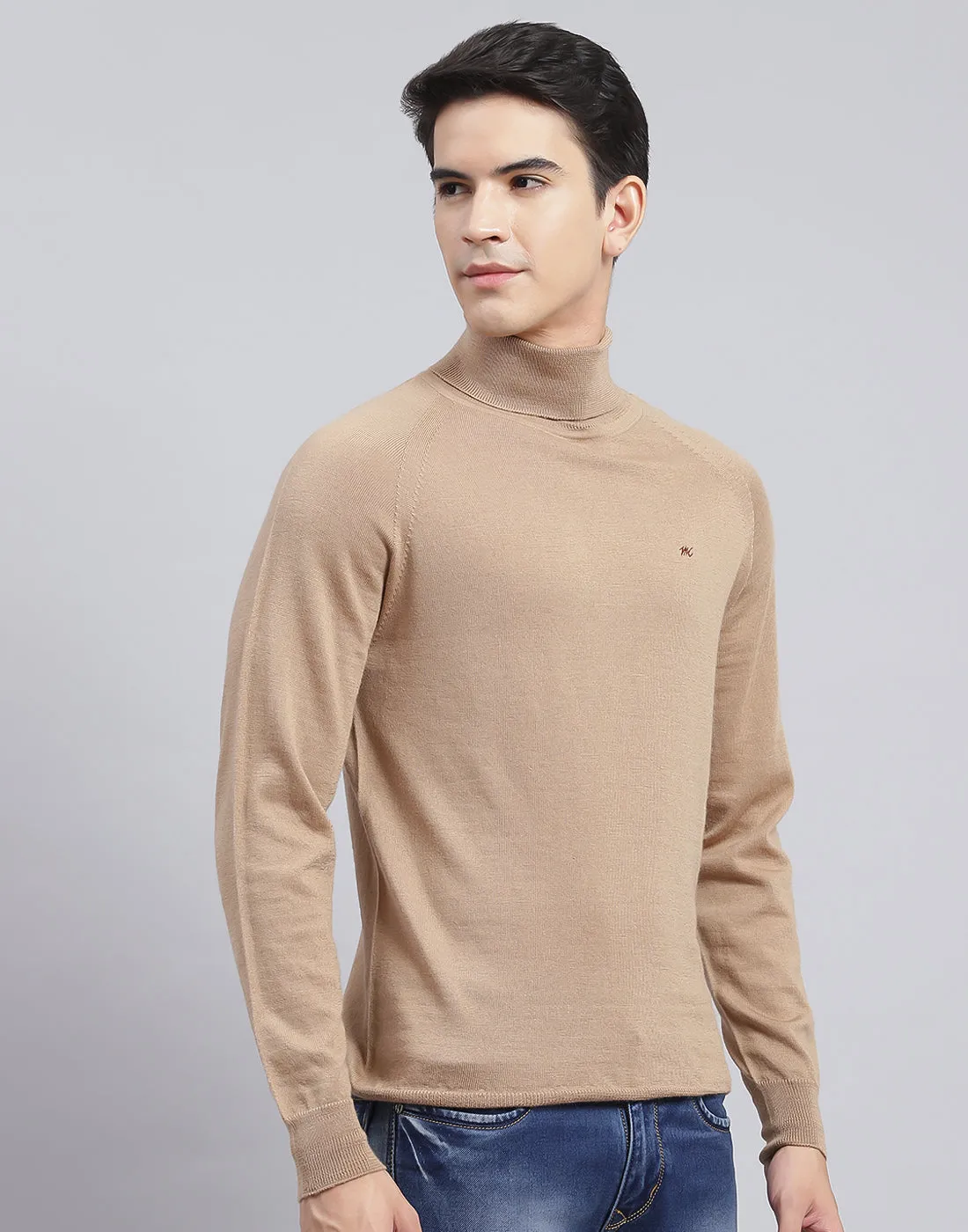 Men Camel Brown Solid High Neck Full Sleeve Pullover